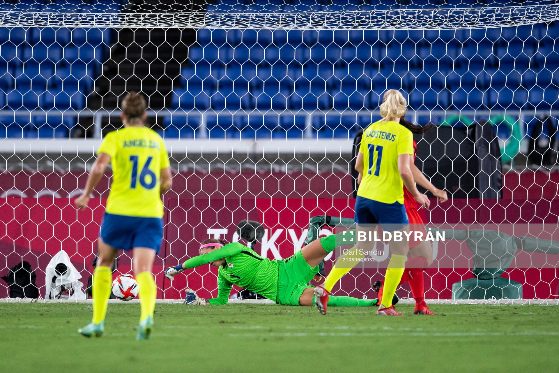 Stina Blackstenius of Sweden scores 1-0 behind goalkeeper