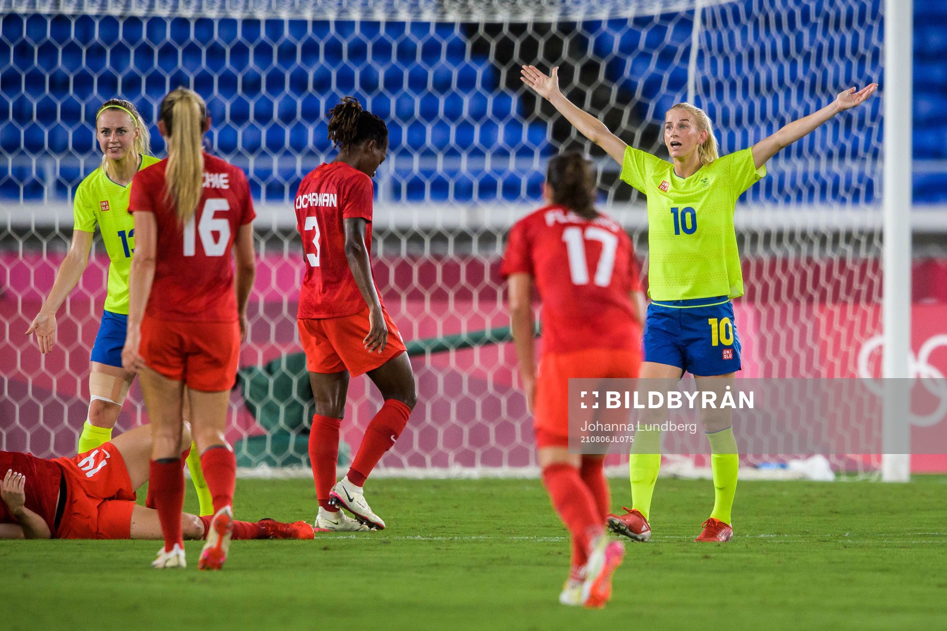 Sofia Jakobsson of Sweden reacts in the women’s football