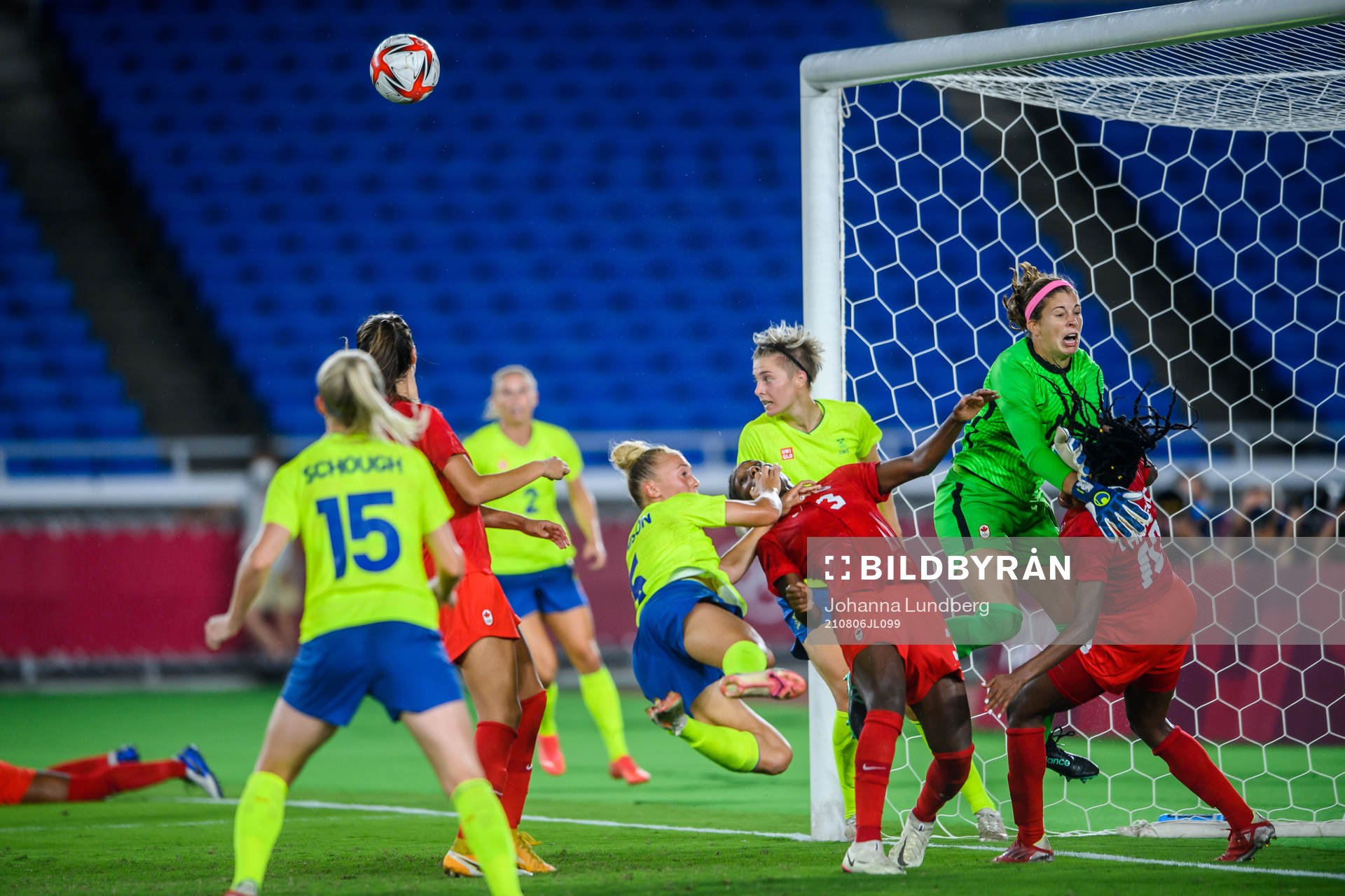 Hanna Bennison and Lina Hurtig of Sweden against goalkeeper