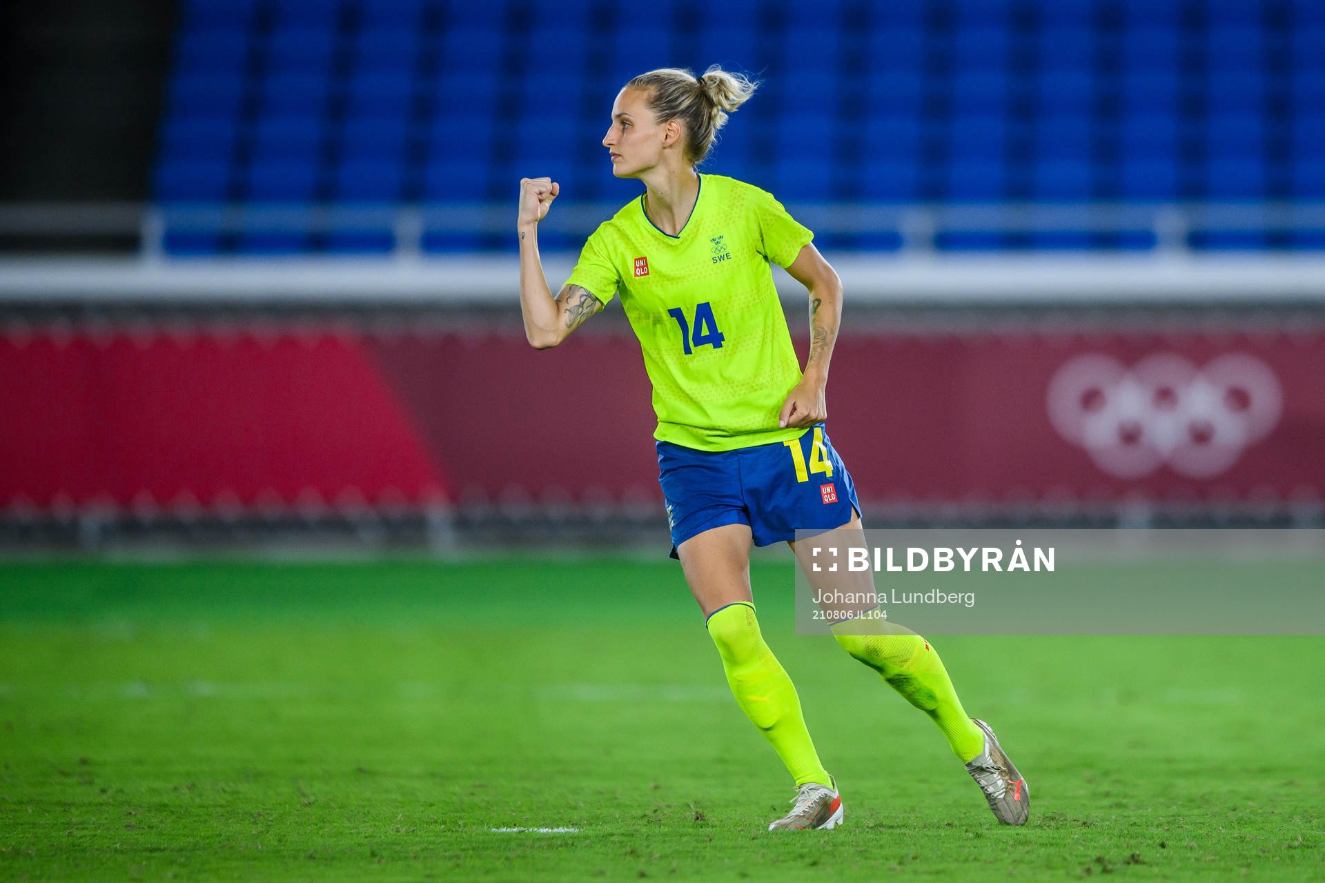 Nathalie Björn of Sweden celebrates during a penalty shoot out in the women’s football final during day 14 of the Tokyo 2020 Olympic Games on August 6, 2021 in Tokyo.