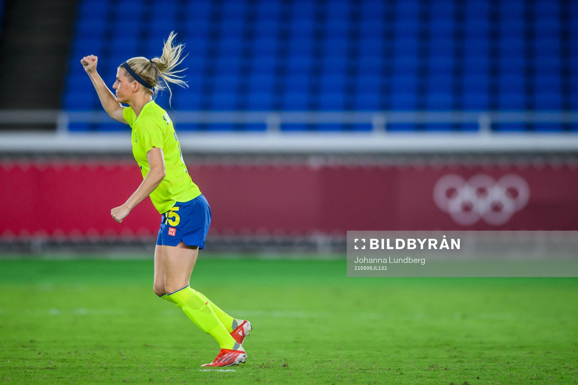 Olivia Schough of Sweden celebrates during a penalty shoot out in the women’s football final during day 14 of the Tokyo 2020 Olympic Games on August 6, 2021 in Tokyo.