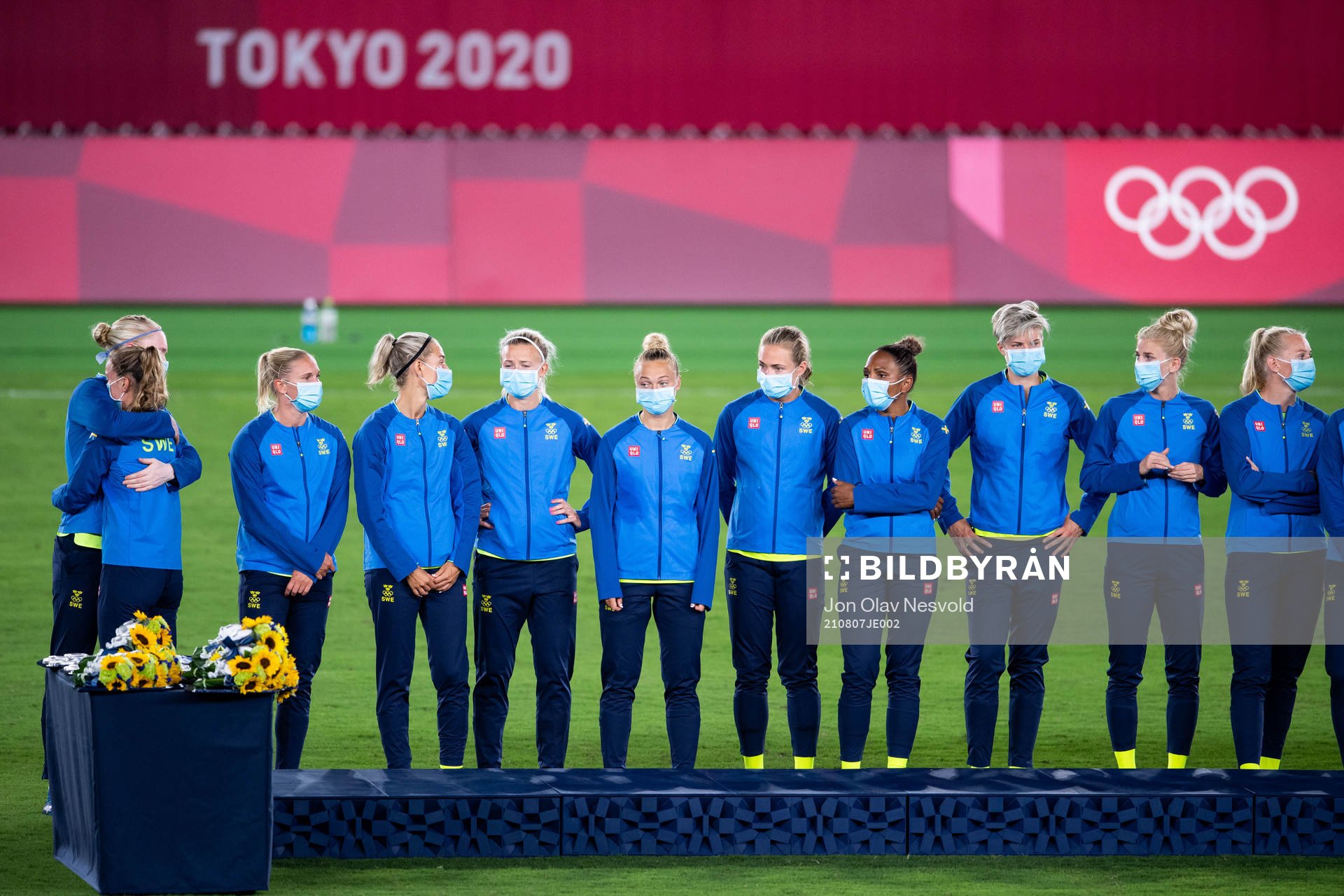 Goalkeeper Hedvig Lindahl of Sweden hugs a teammate at the