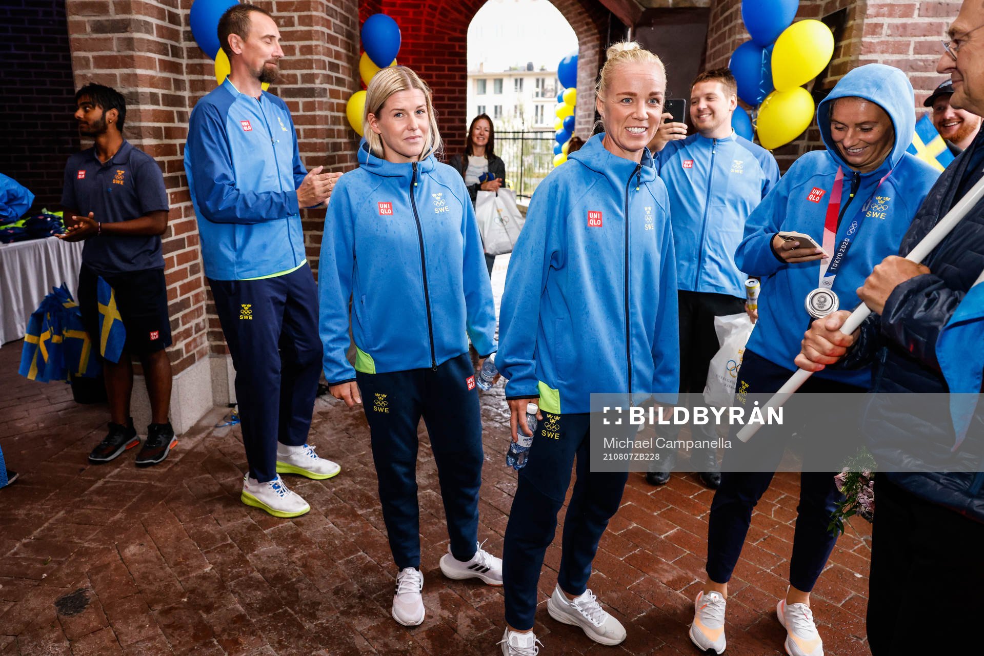 Olivia Schough and Caroline Seger of Sweden at a press meet after their return from the Tokyo 2020 Olympic Games on August 7, 2021 in Tokyo.