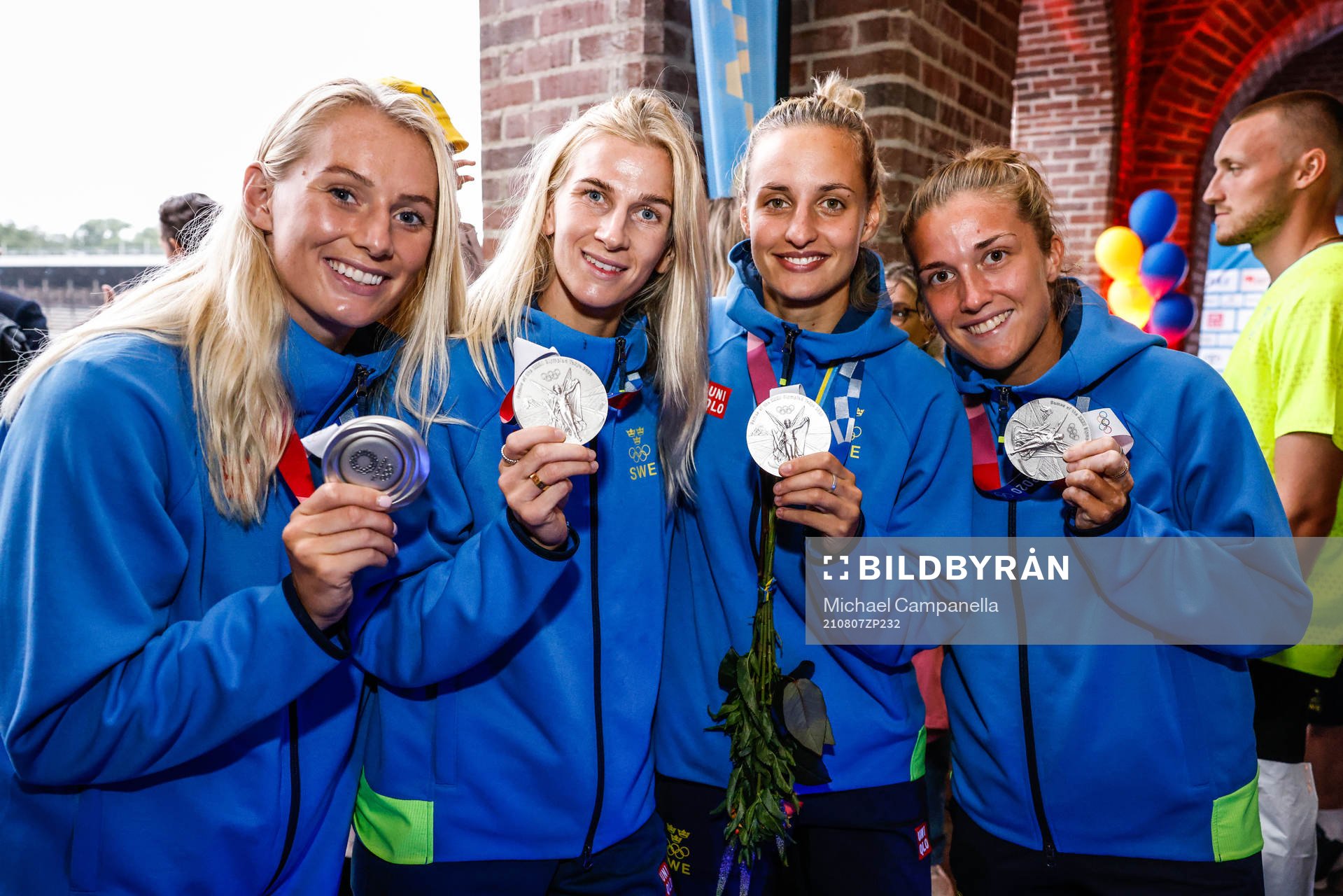 Stina Blackstenius, Sofia Jakobsson, Nathalie Björn and Filippa Angeldahl of Sweden at a press meet after their return from the Tokyo 2020 Olympic Games on August 7, 2021 in Tokyo.