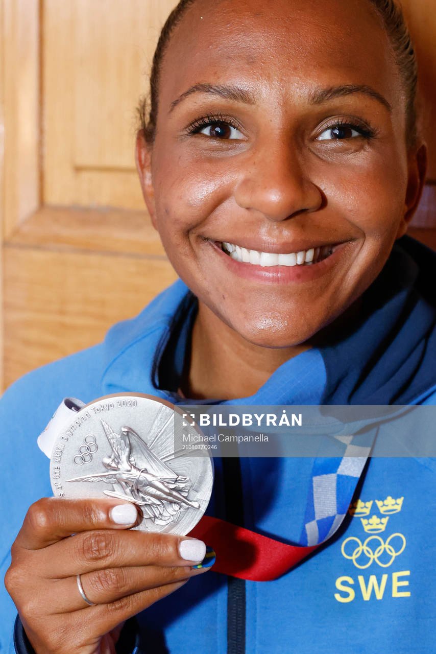 Madelen Janogy of Sweden at a press meet after their return from the Tokyo 2020 Olympic Games on August 7, 2021 in Tokyo.
