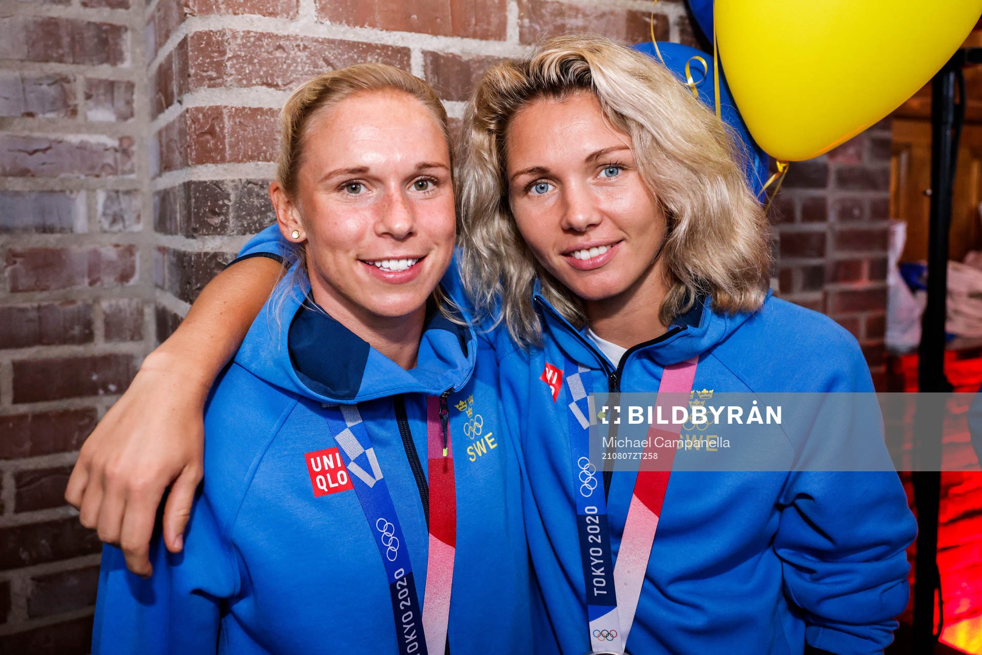 Jonna Andersson and Jennifer Falk of Sweden at a press meet after their return from the Tokyo 2020 Olympic Games on August 7, 2021 in Tokyo.
