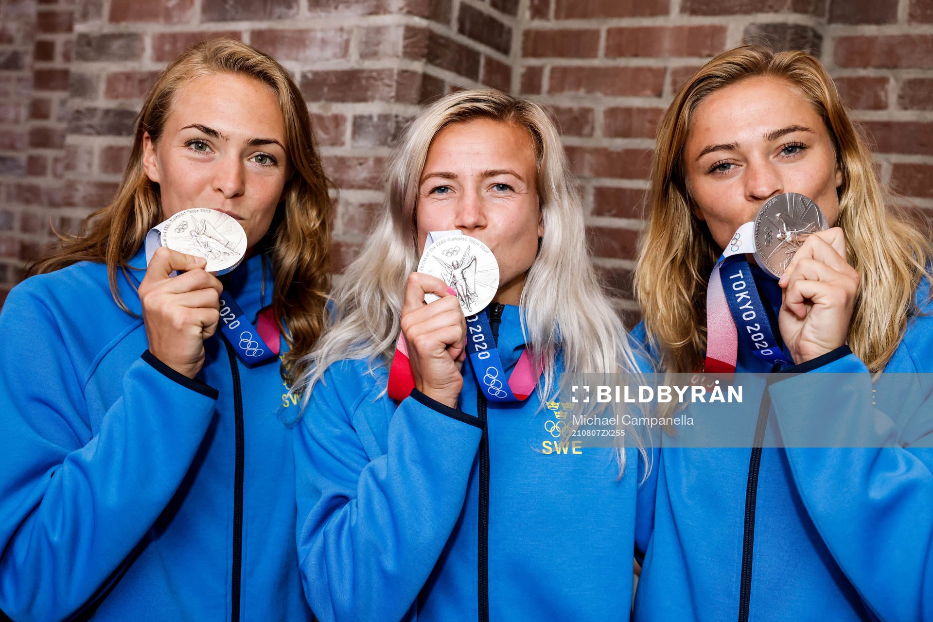 Magdalena Eriksson, Hanna Glas and Fridolina Rolfö of Sweden at a press meet after their return from the Tokyo 2020 Olympic Games on August 7, 2021 in Tokyo.