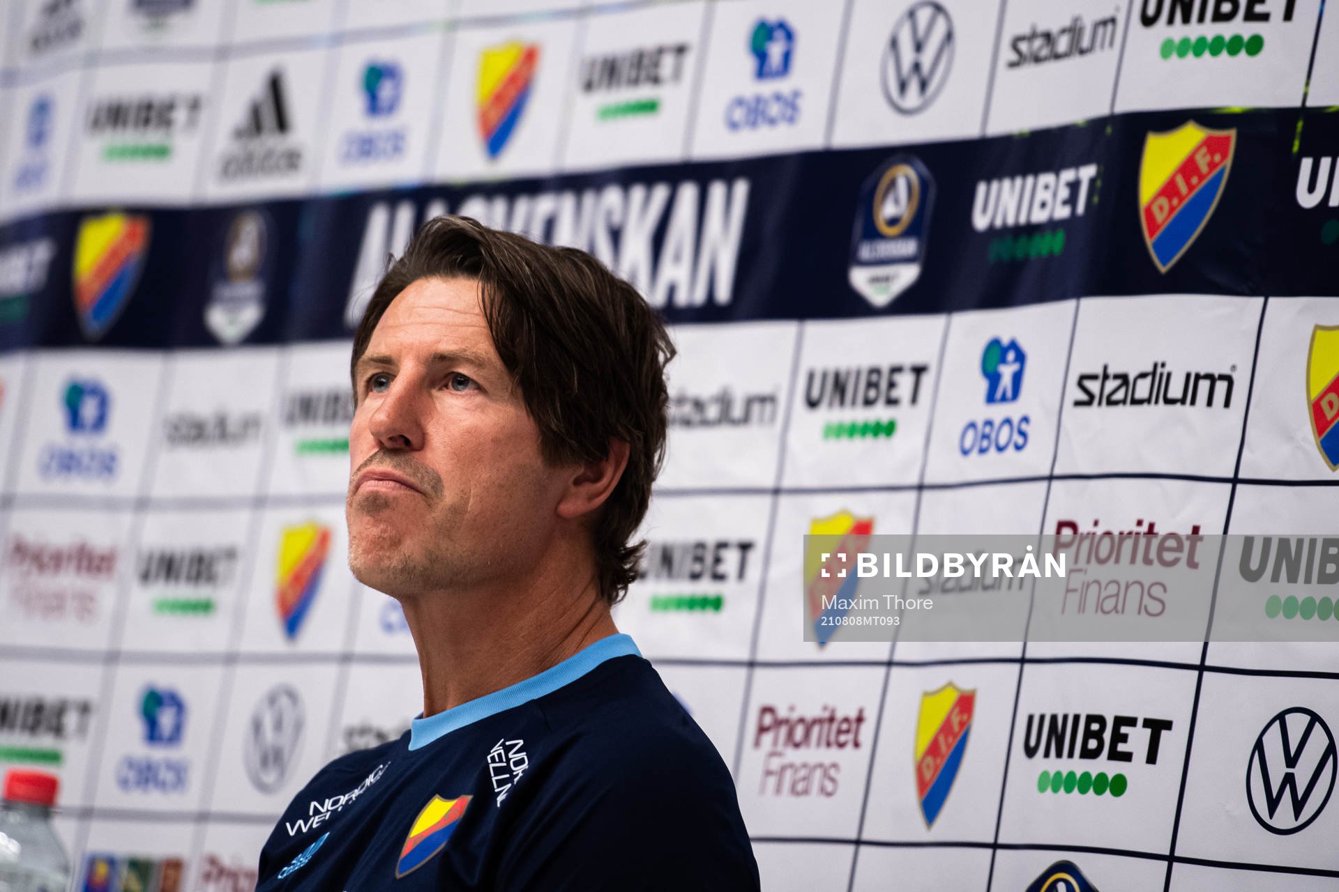 Djurgårdens tränare Thomas Lagerlöf under presskonferensen efter fotbollsmatchen i Allsvenskan mellan Djurgården och AIK den 8 augusti 2021 i Stockholm.