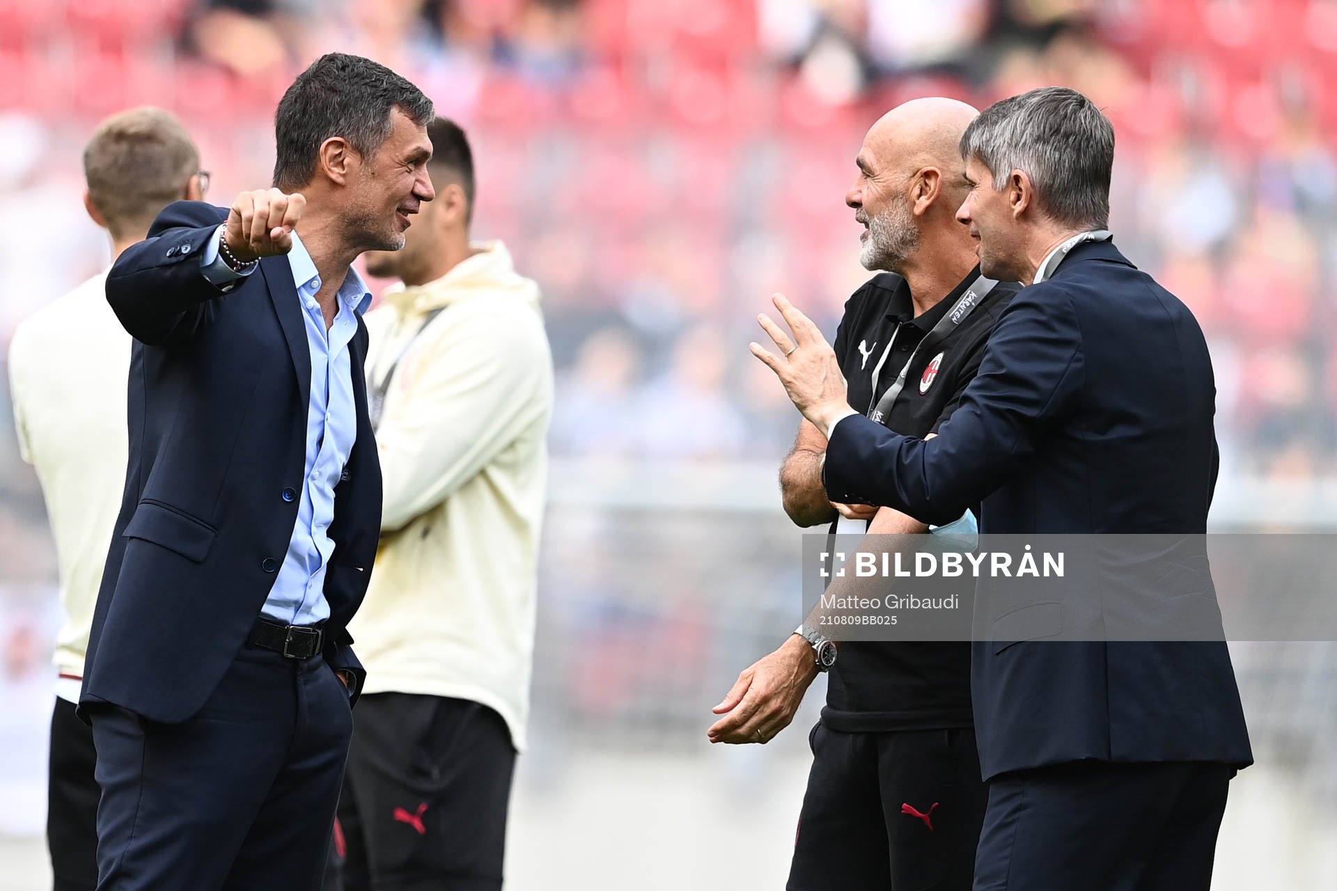 Paolo Maldini, Stefano Pioli and Frederic Massara of Milan