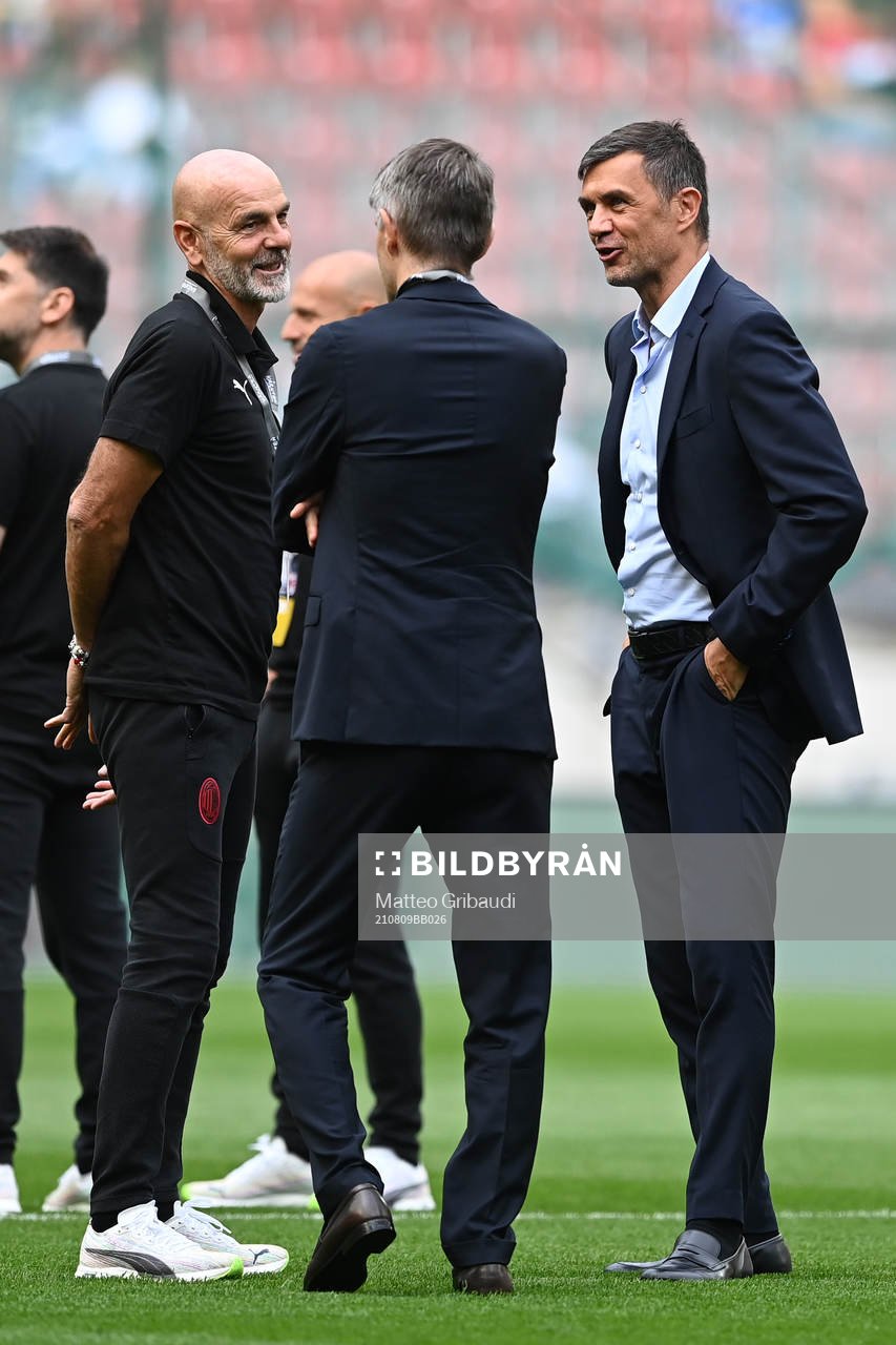 Paolo Maldini, Stefano Pioli and Frederic Massara of Milan
