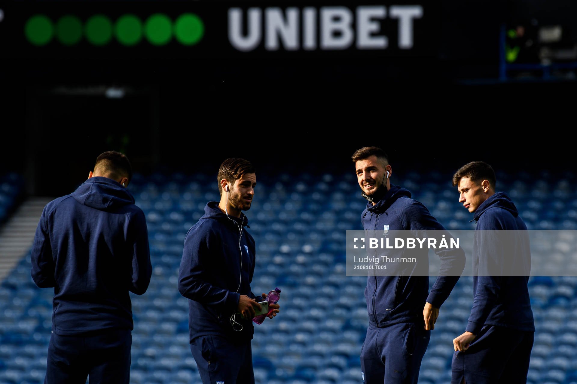 Adi Nalic and goalkeeper Marko Johansson of Malmö FF ahead of the UEFA Champions League qualifying match between Rangers and Malmö FF on August 10, 2021 in Glasgow.