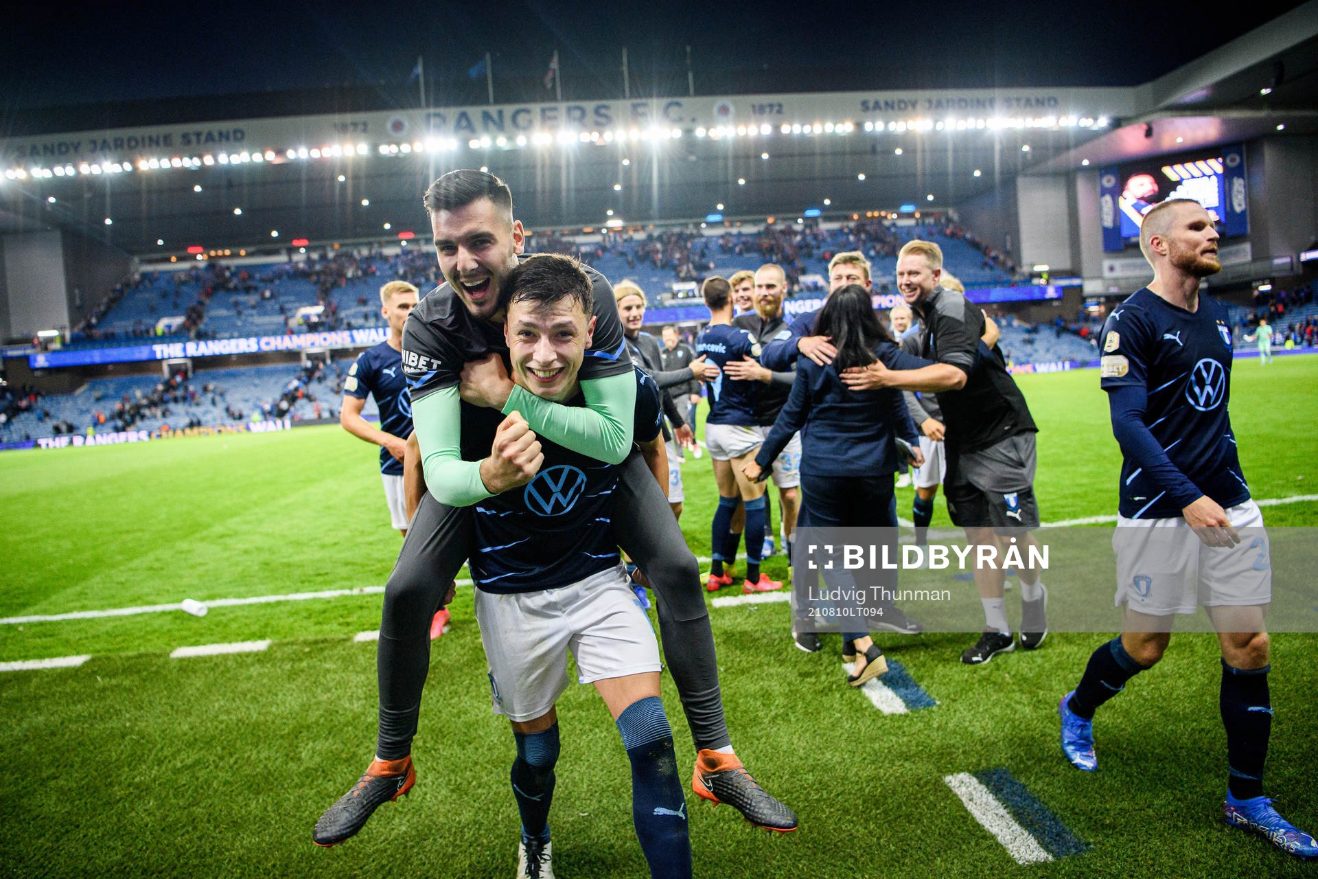 Goalkeeper Marko Johansson and Anel Ahmedhodzic of Malmö FF celebrate after the UEFA Champions League qualifying match between Rangers and Malmö FF on August 10, 2021 in Glasgow.