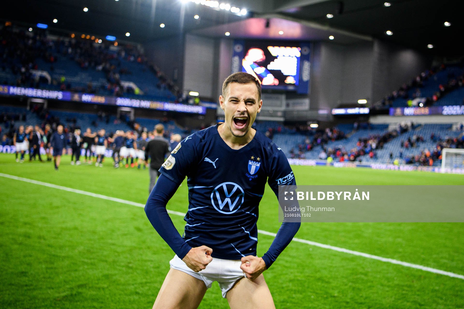 Veljko Birmancevic of Malmö FF celebrates after the UEFA Champions League qualifying match between Rangers and Malmö FF on August 10, 2021 in Glasgow.