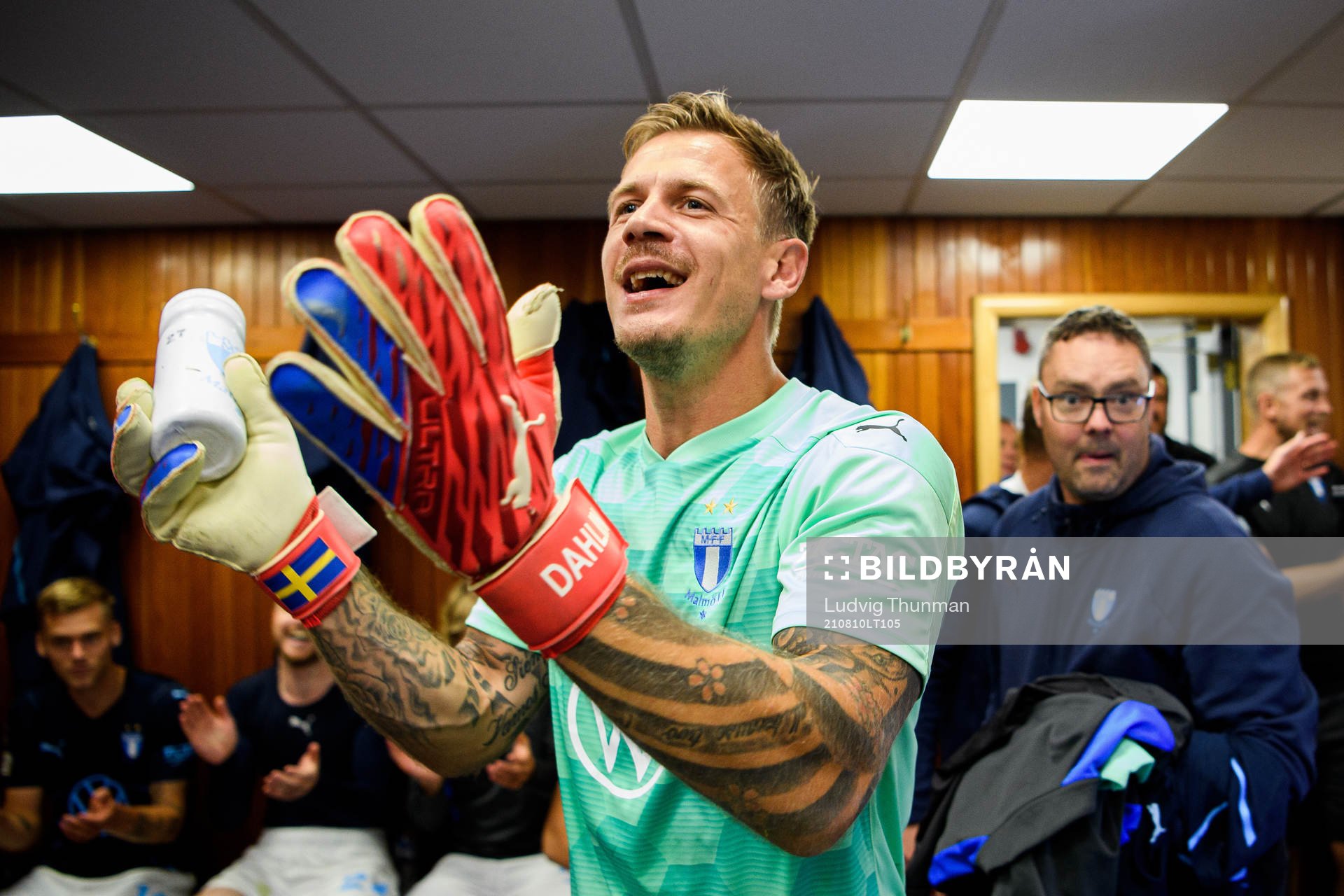 Goalkeeper Johan Dahlin of Malmö FF celebrates