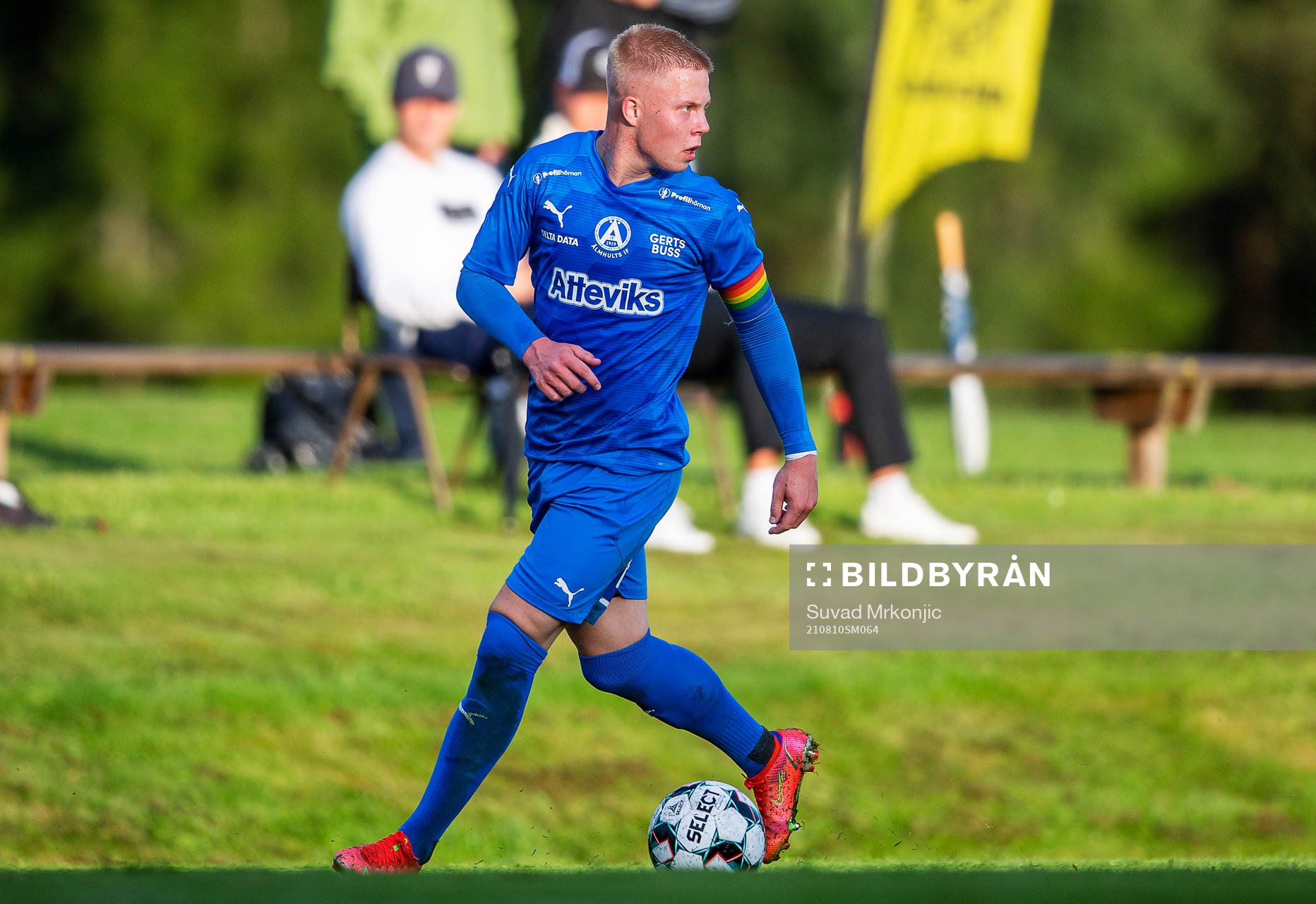 Älmhults Wictor Willseus under fotbollsmatchen i division 3 sydöstra götaland mellan Växjö Norra och Älmhult den 10 augusti 2021 i Växjö.