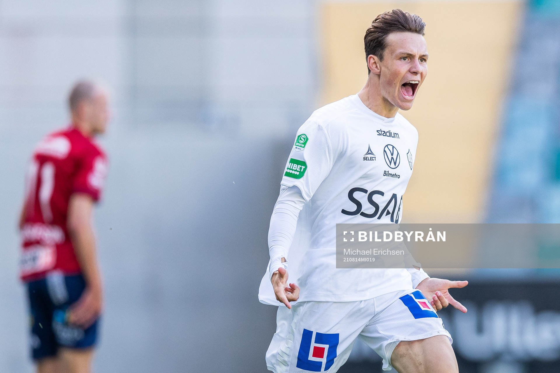 Brages Filip Sjöberg jublar efter att han gjort 1-1 under fotbollsmatchen i Superettan mellan Örgryte och Brage den 14 augusti 2021 i Göteborg.