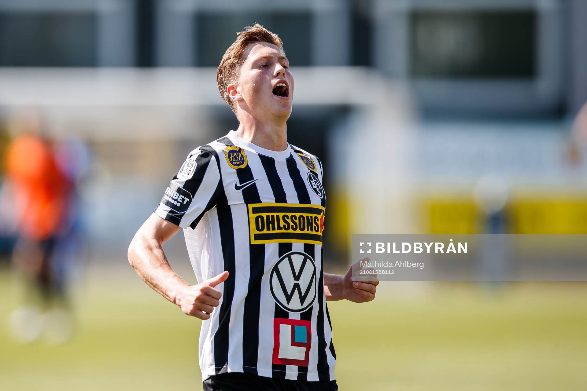 Landskronas Kevin Jensen jublar efter fotbollsmatchen i Superettan mellan Landskrona och Västerås SK den 15 augusti 2021 i Landskrona.