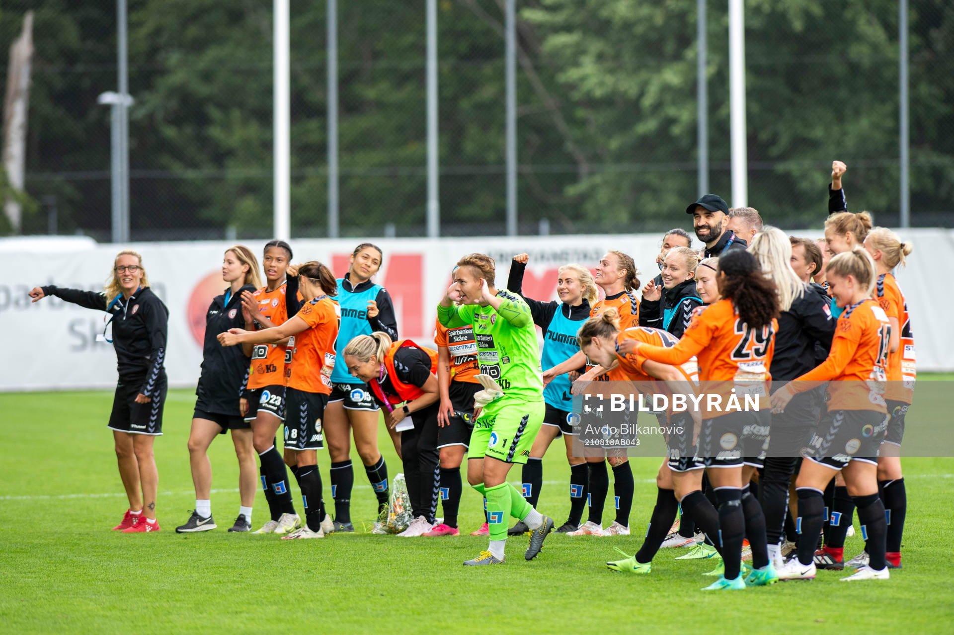 Players of Kristianstad celebrates after the Champions League qualifying football match between Bröndby and Kristianstad on August 18, 2021 in Kristianstad. 
