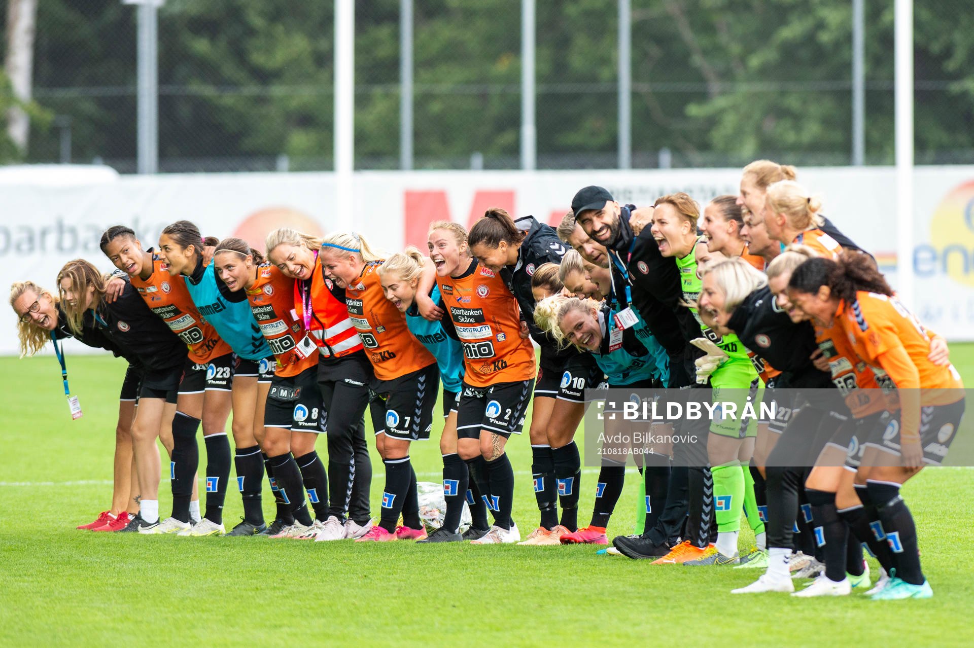Players of Kristianstad celebrates after the Champions League qualifying football match between Bröndby and Kristianstad on August 18, 2021 in Kristianstad.