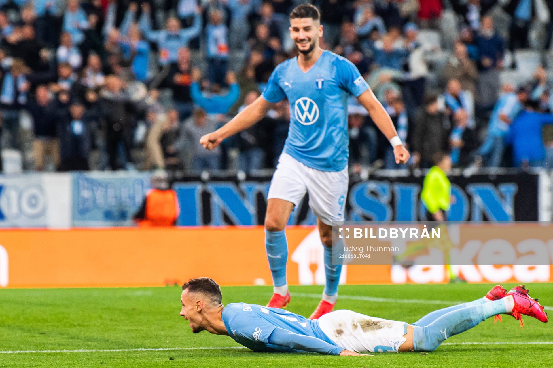 Veljko Birmancevic of Malmö FF celebrates scoring 1-0 during the UEFA Champions League playoff match between Malmö FF and Ludogorets on August 18, 2021 in Malmö.