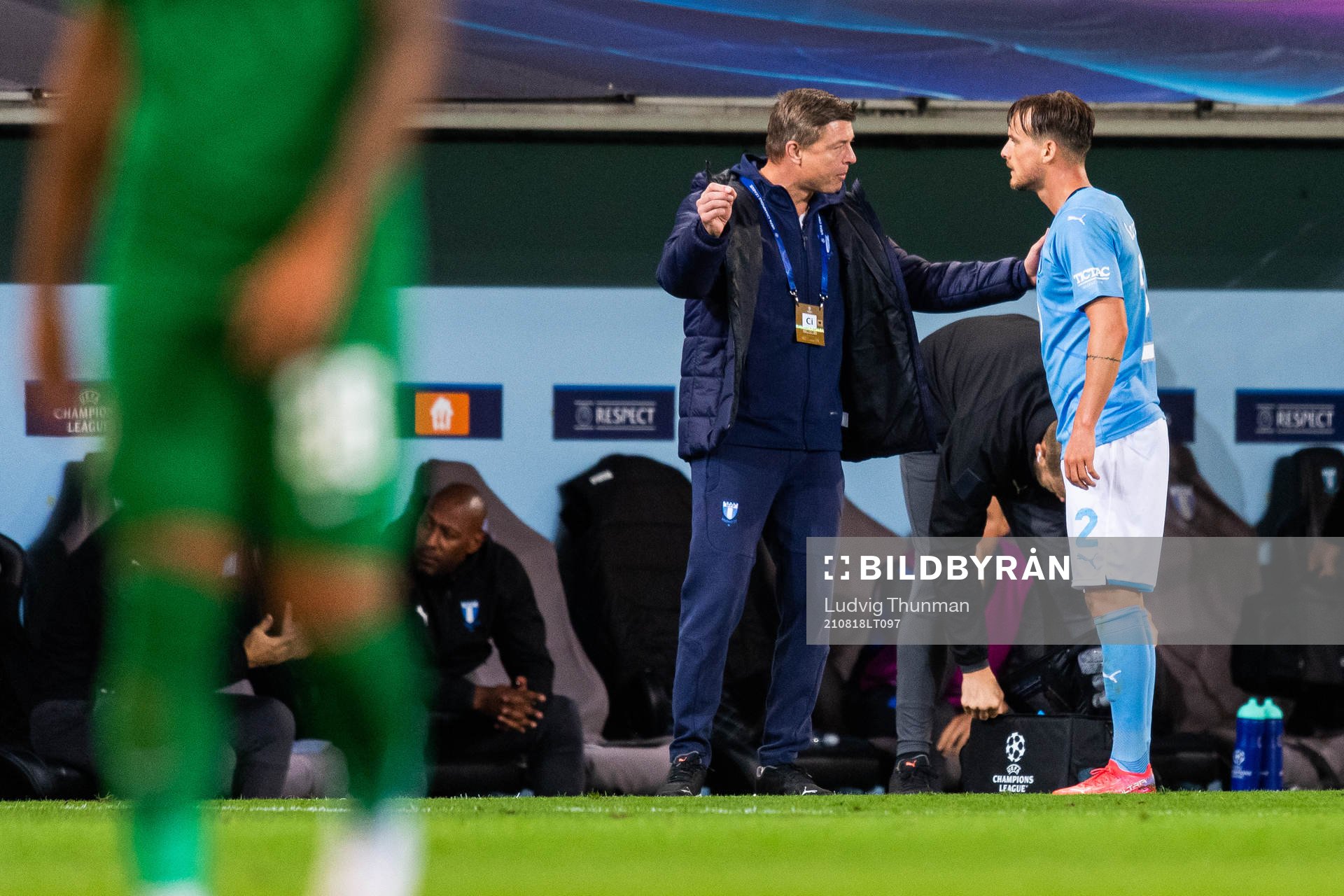 Jon Dahl Tomasson, head coach, talks to Eric Larsson of