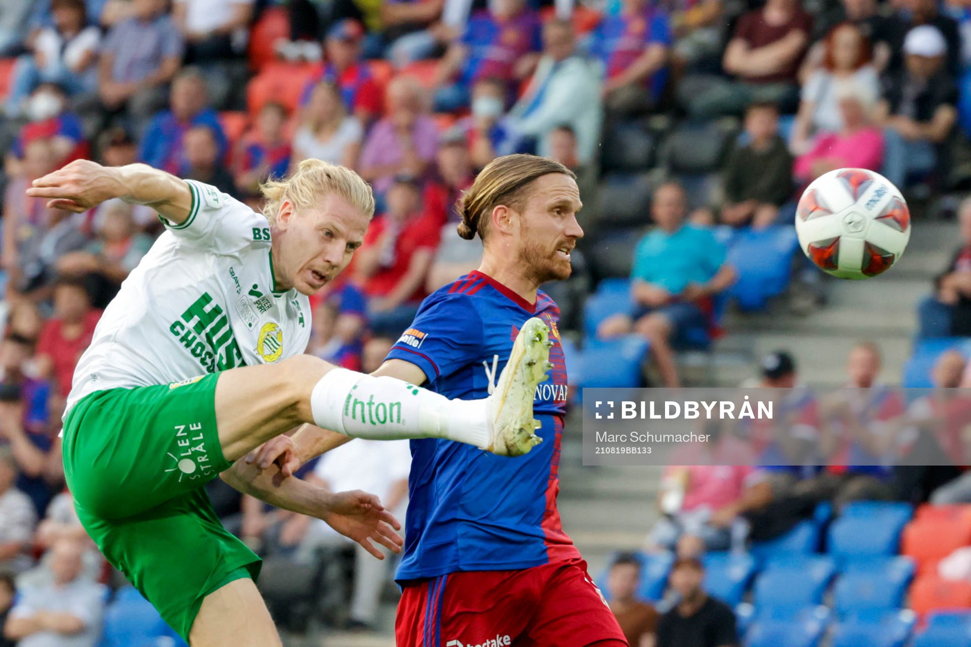 Gustav Ludwigson of Hammarby and Michael Lang of Basel during the UEFA Conference League football match between Basel and Hammarby on August 19, 2021 in Basel.