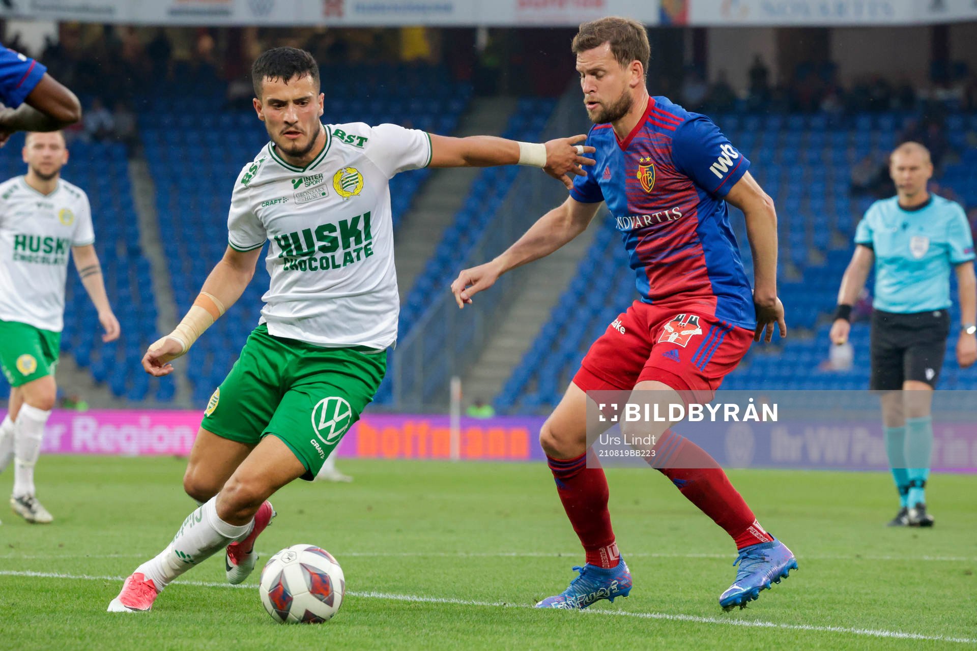 Astrit Selmani of Hammarby and Fabian Frei of Basel during the UEFA Conference League football match between Basel and Hammarby on August 19, 2021 in Basel.