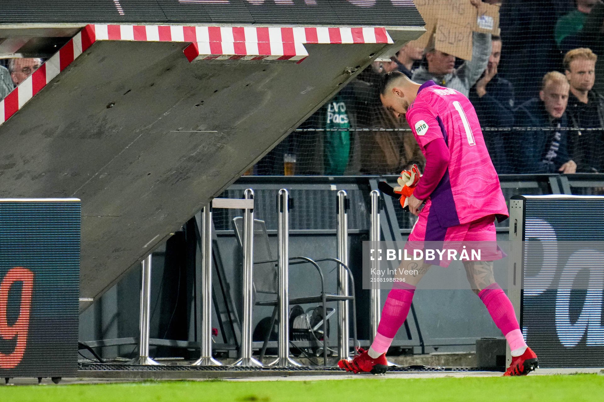 Goalkeeper Justin Bijlow of Feyenoord leaves the pitch