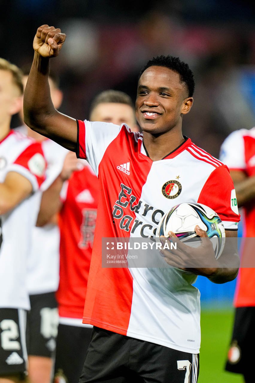 Luis Sinisterra of Feyenoord celebrates after the UEFA Conference League football match between Feyenoord and Elfsborg on August 19, 2021 in Rotterdam.