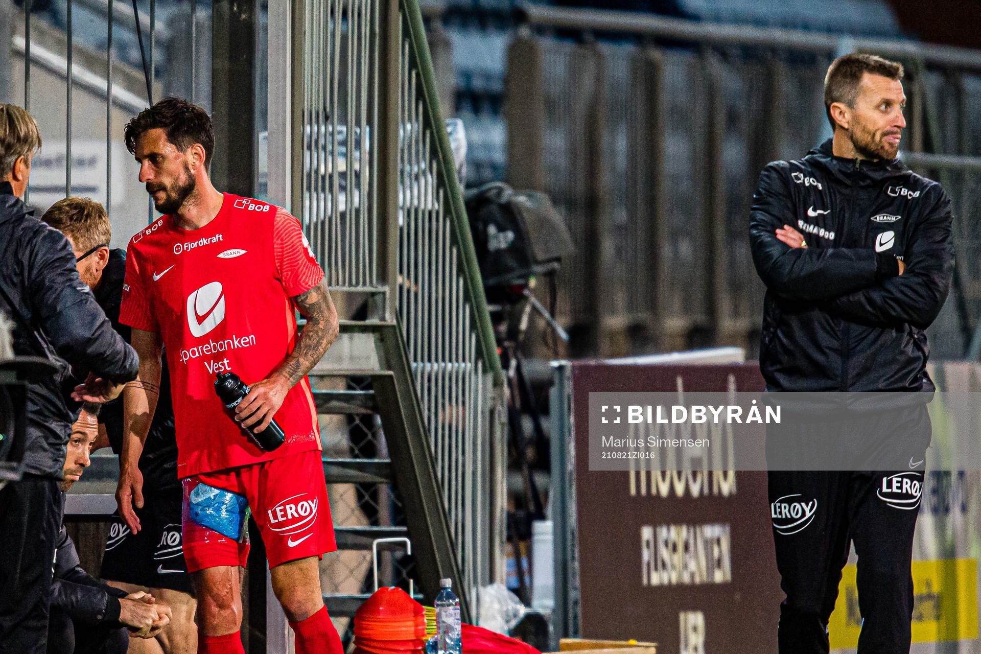 Daniel Alexander Pedersen of Brann leaves the pitch with an
