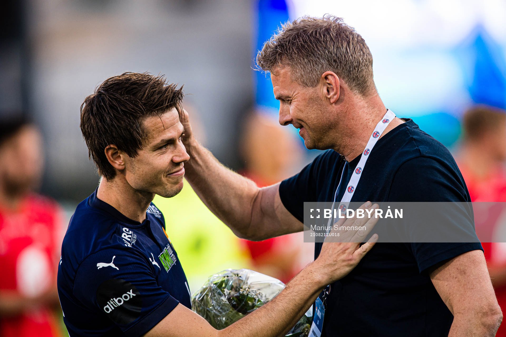 Lars-Christopher Horst Jan Vilsvik of Strømsgodset and Jostein Flo ahead of the Eliteserien match between Strømsgodset and Brann on August 21, 2021 in Drammen.