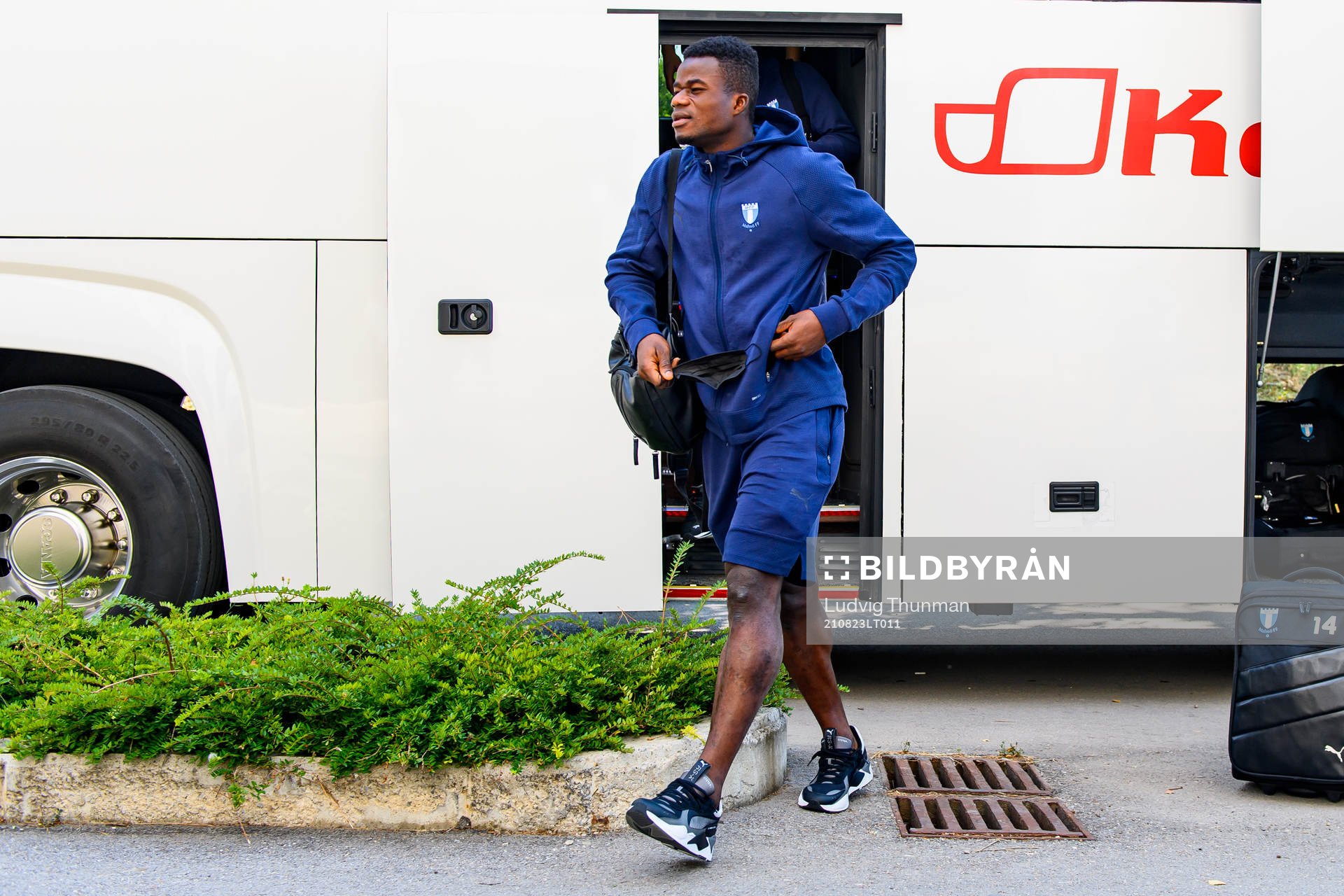 Malik Abubakari of Malmö FF arrive at the team hotel