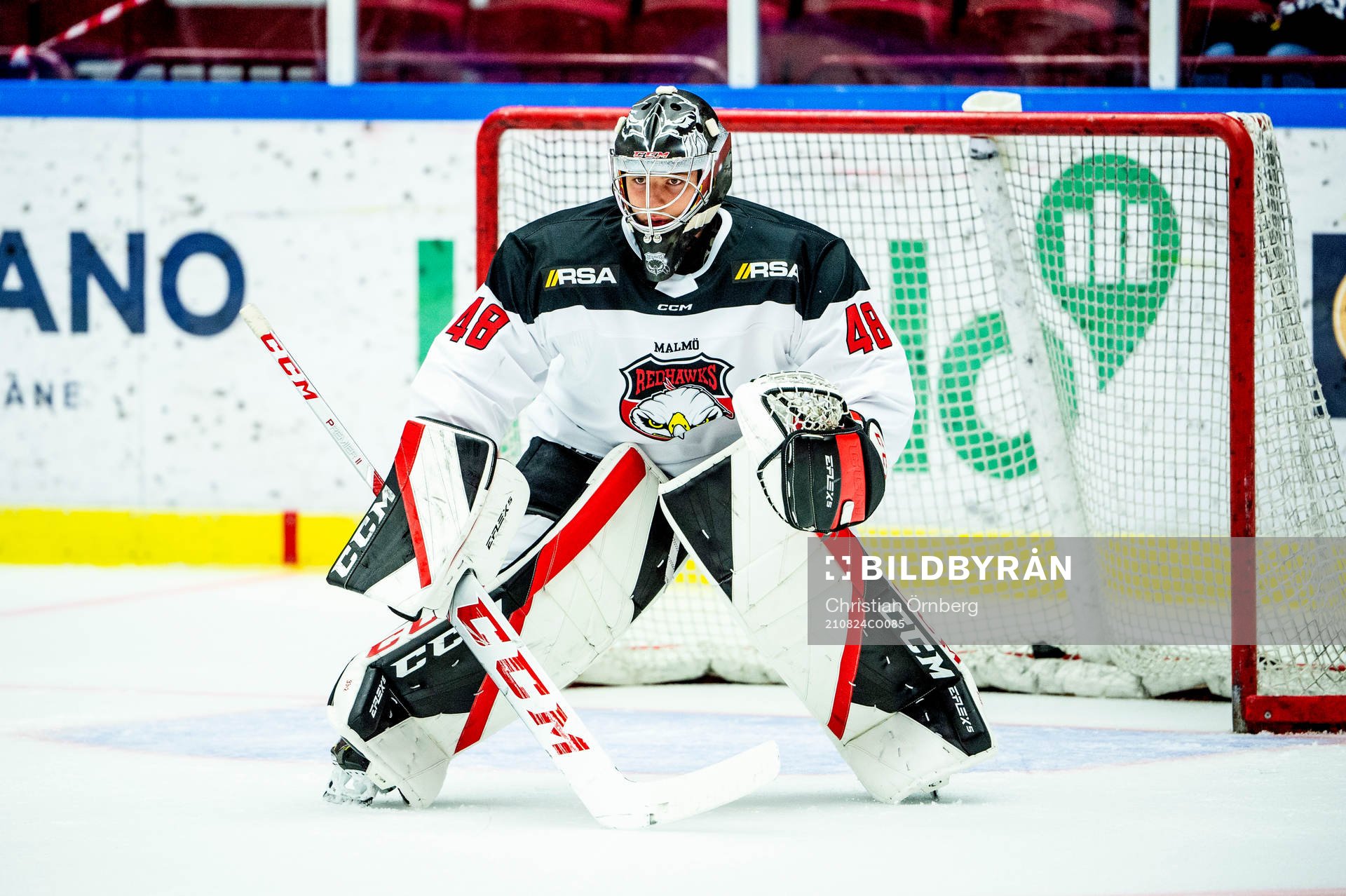 Malmö Redhawks målvakt Louis Ingvordsen  värmer upp