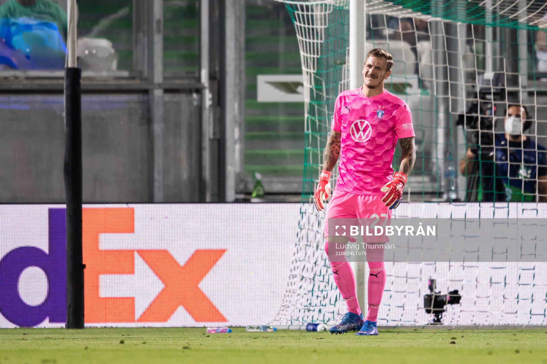 Goalkeeper Johan Dahlin of Malmö FF in pain