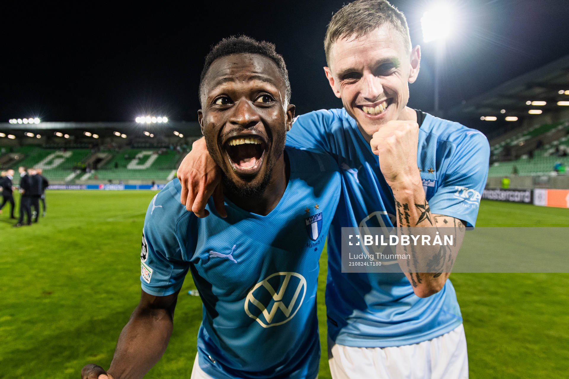 Bonke Innocent and Sören Rieks of Malmö FF celebrate after the UEFA Champions League playoff match between Ludogorets and Malmö FF on August 24, 2021 in Razgrad.