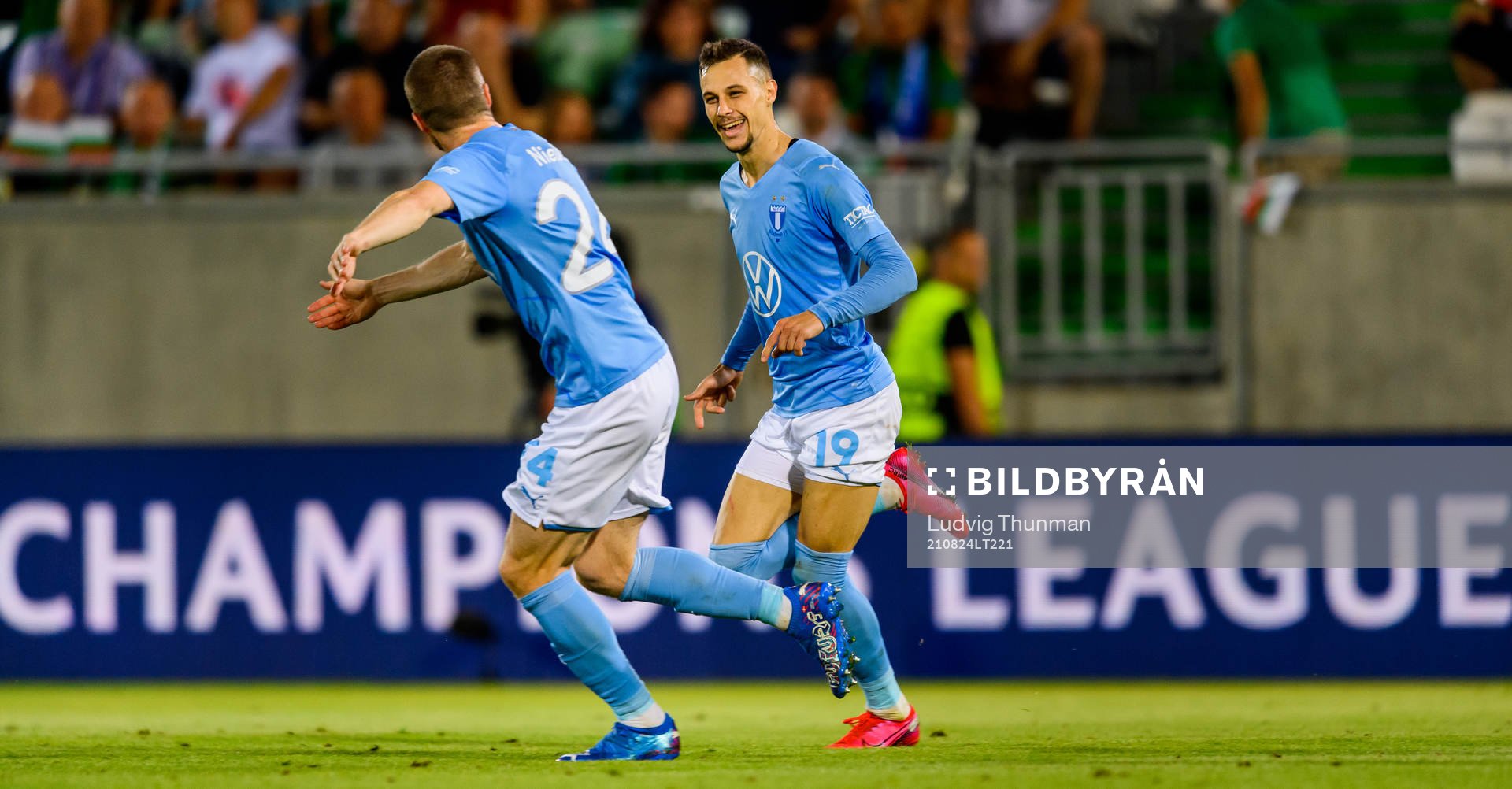 Veljko Birmancevic celebrate with Lasse Nielsen after scoring 1-1 during the UEFA Champions League playoff match between Ludogorets and Malmö FF on August 24, 2021 in Razgrad.