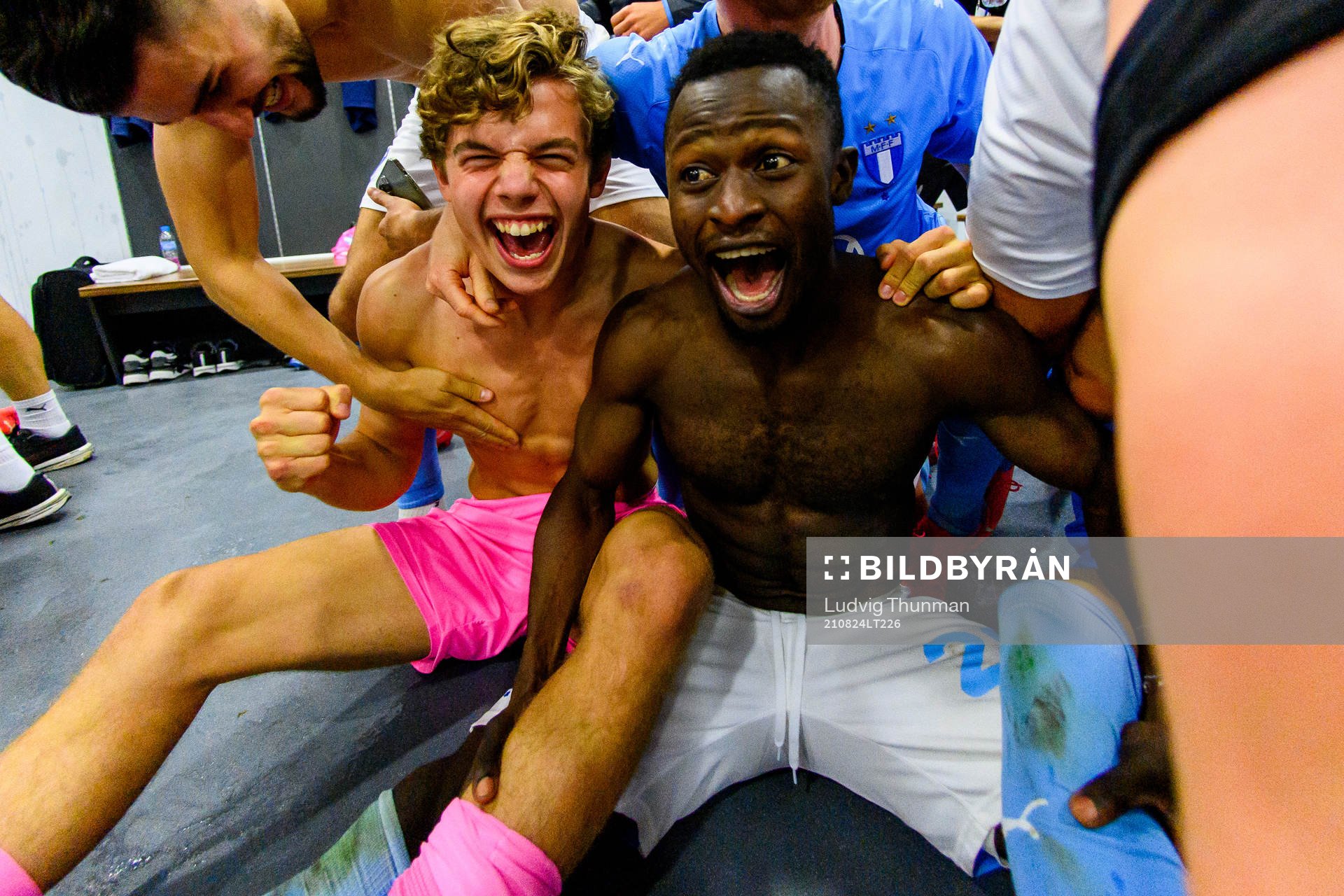 Goalkeeper Melker Ellborg and Bonke Innocent celebrate in
