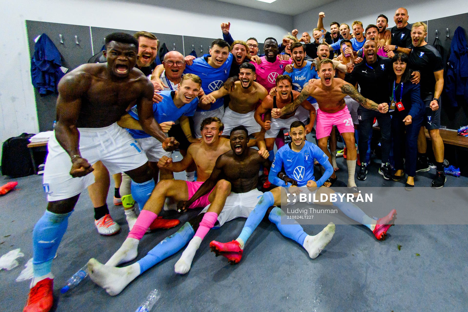 Players of Malmö FF celebrate in the locker room