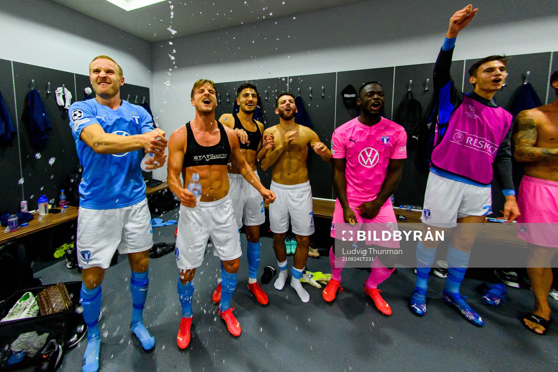 Players of Malmö FF celebrate in the locker room