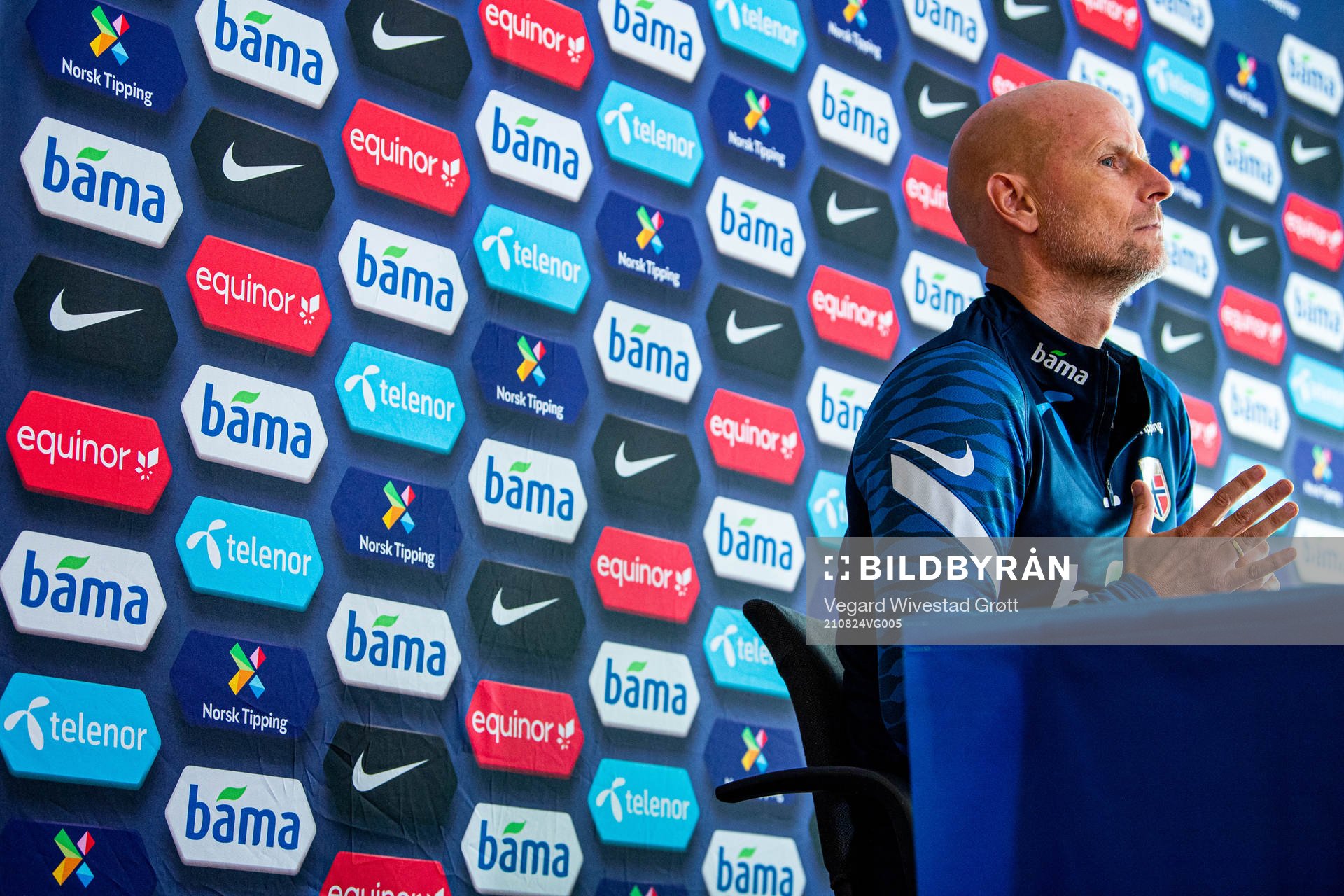 Ståle Solbakken, head coach of the Norwegian national football team, presents the squad selection during a press conference on August 24, 2021 in Oslo.
