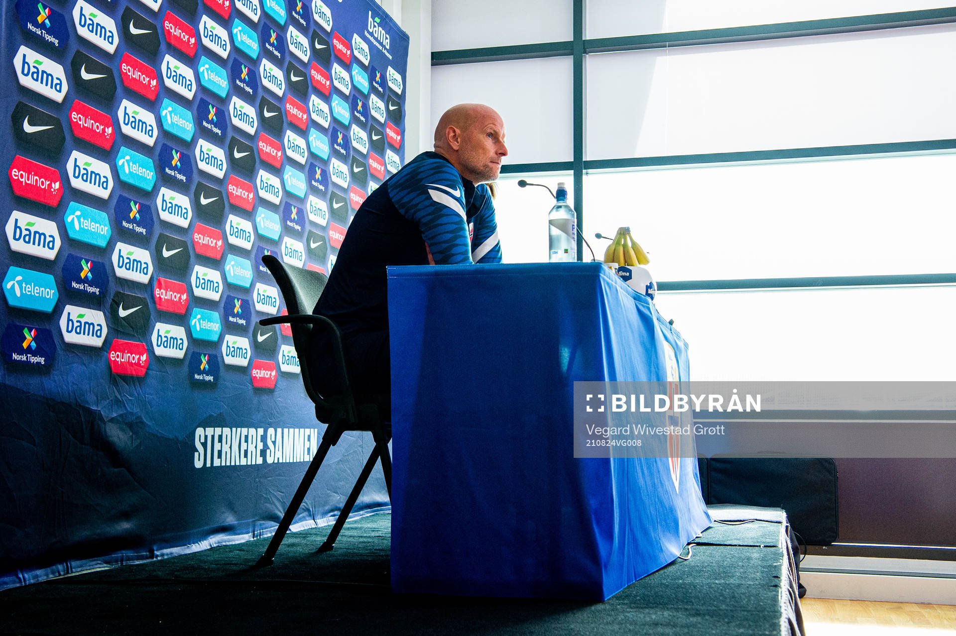 Ståle Solbakken, head coach of the Norwegian national football team, presents the squad selection during a press conference on August 24, 2021 in Oslo.