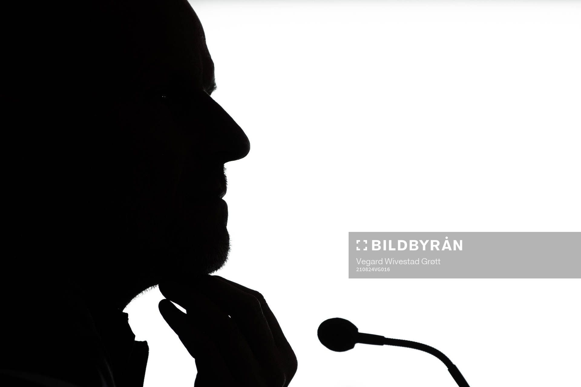 The silhouette of Ståle Solbakken, head coach of the Norwegian national football team, presenting the squad selection during a press conference on August 24, 2021 in Oslo.
