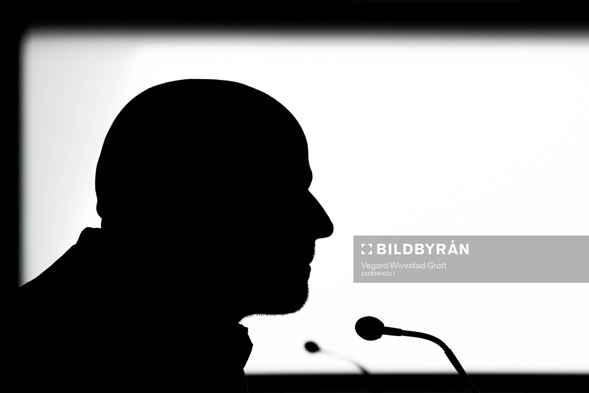 The silhouette of Ståle Solbakken, head coach of the Norwegian national football team, presenting the squad selection during a press conference on August 24, 2021 in Oslo.