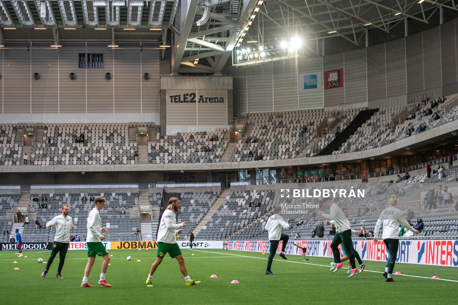 Players of Hammarby during warm up ahead of the UEFA Conference League football match between Hammarby and Basel on August 26, 2021 in Stockholm. 