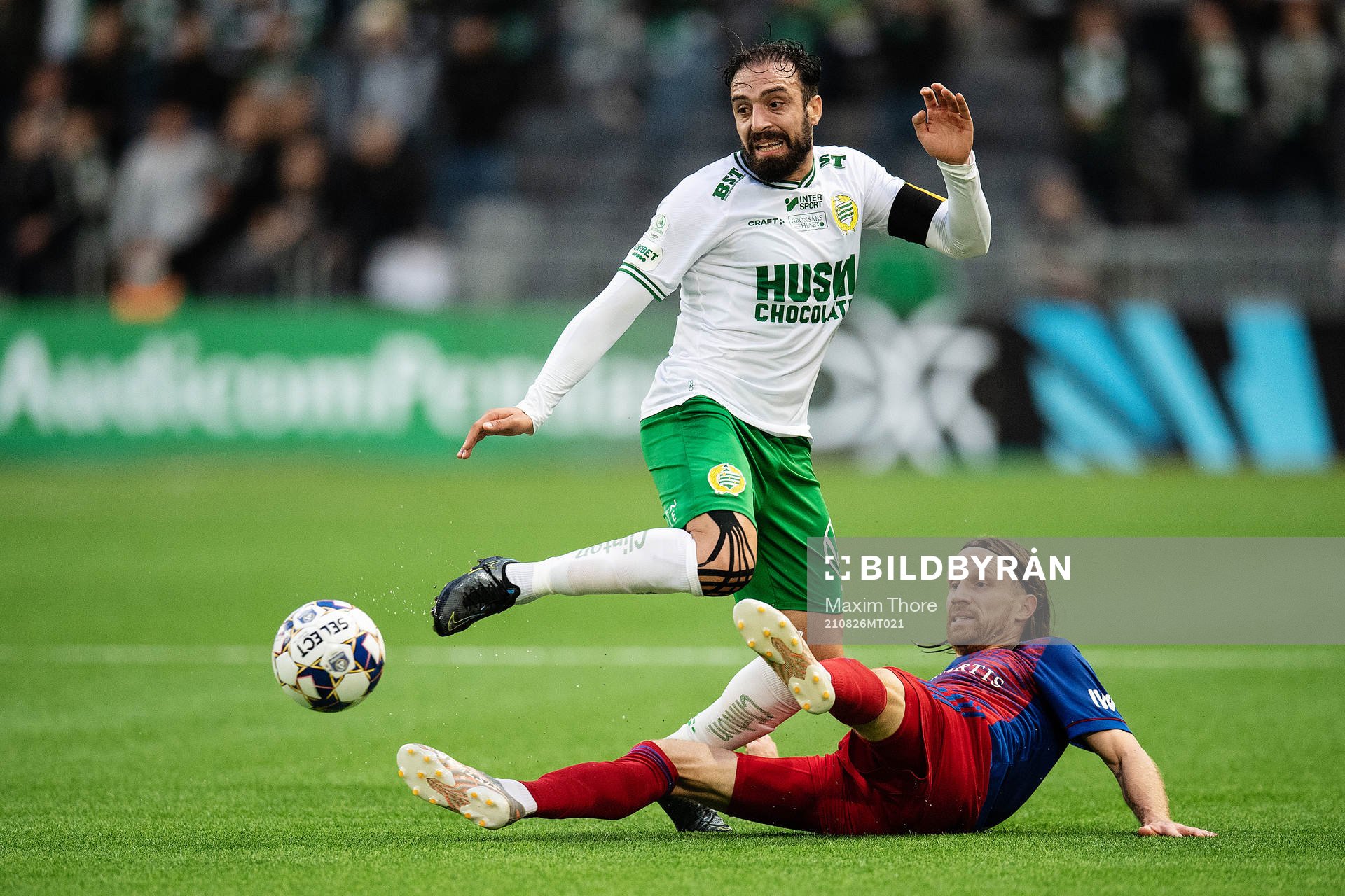 Abdul Khalili of Hammarby and Michael Lang of Basel during the UEFA Conference League football match between Hammarby and Basel on August 26, 2021 in Stockholm.