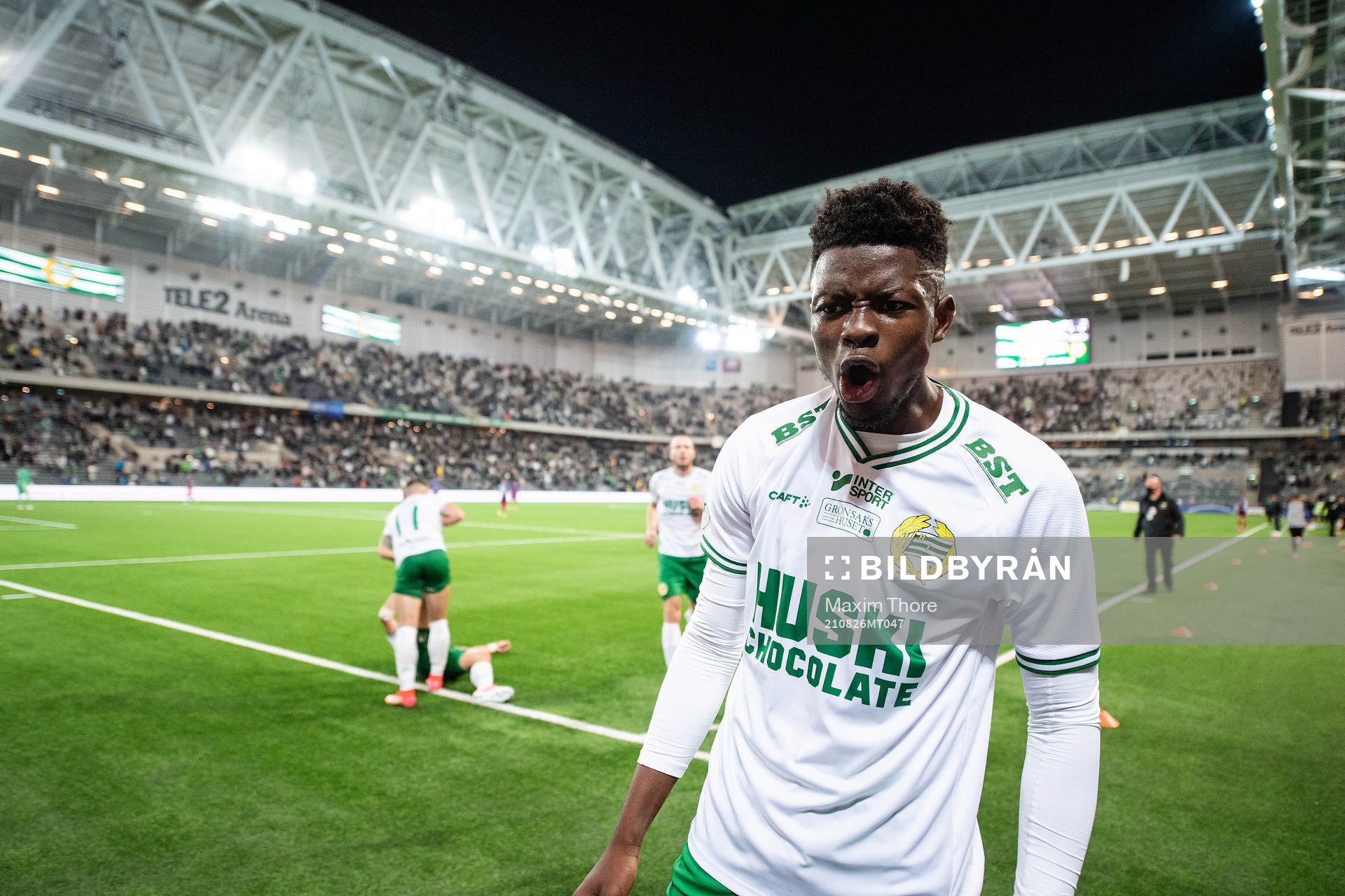 of Hammarby Aziz Mohammed Ouattara celebrates after scoring 3-0 during the UEFA Conference League football match between Hammarby and Basel on August 26, 2021 in Stockholm.