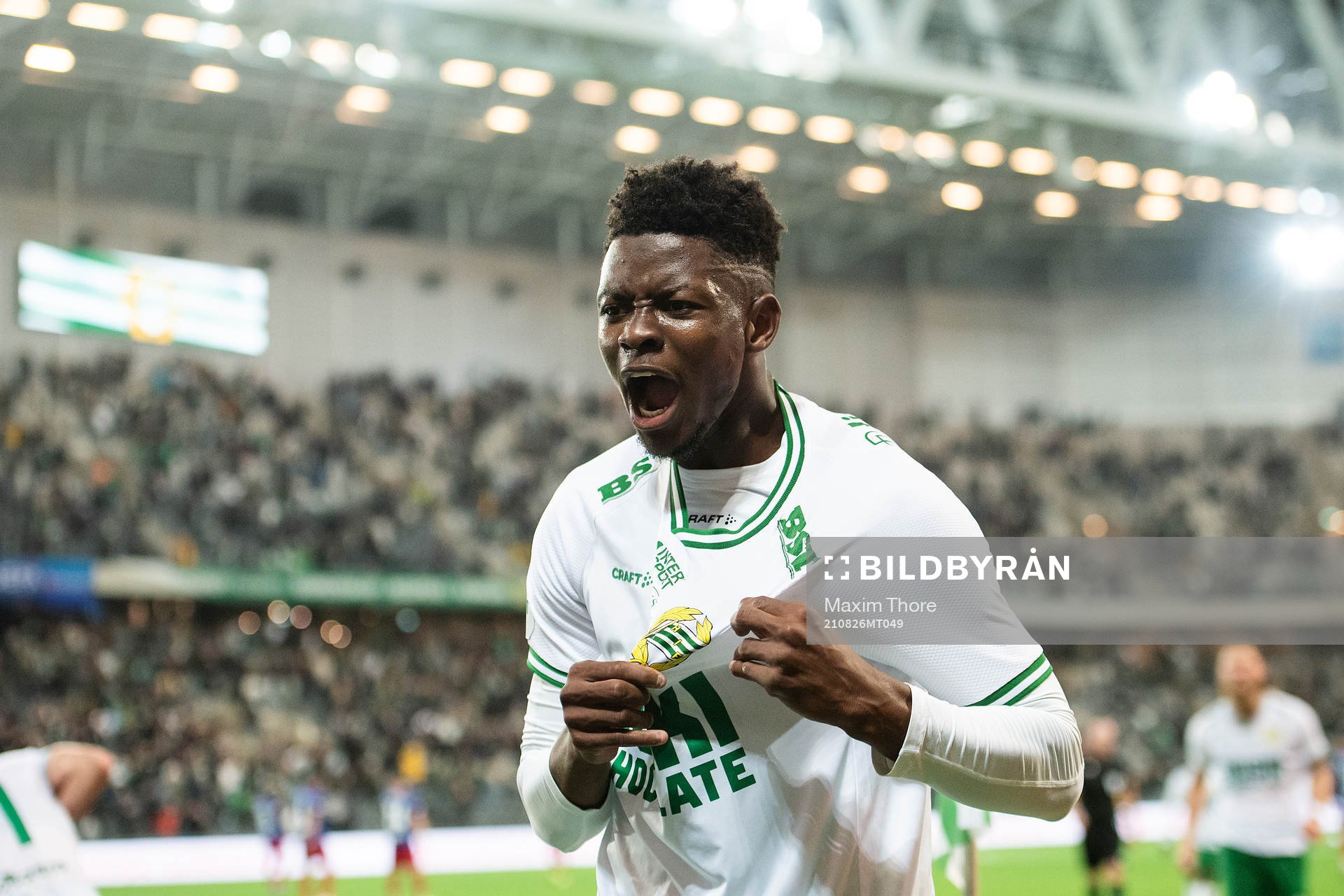 Aziz Mohammed Ouattara of Hammarby celebrates after scoring 3-0 during the UEFA Conference League football match between Hammarby and Basel on August 26, 2021 in Stockholm.