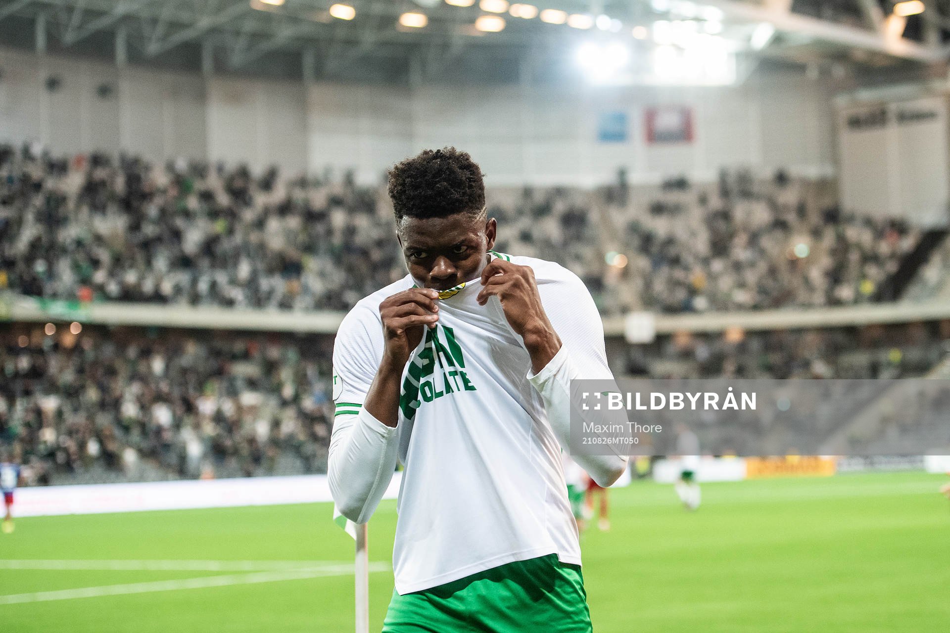 Aziz Mohammed Ouattara of Hammarby celebrates scoring 3-0 during the UEFA Conference League football match between Hammarby and Basel on August 26, 2021 in Stockholm.