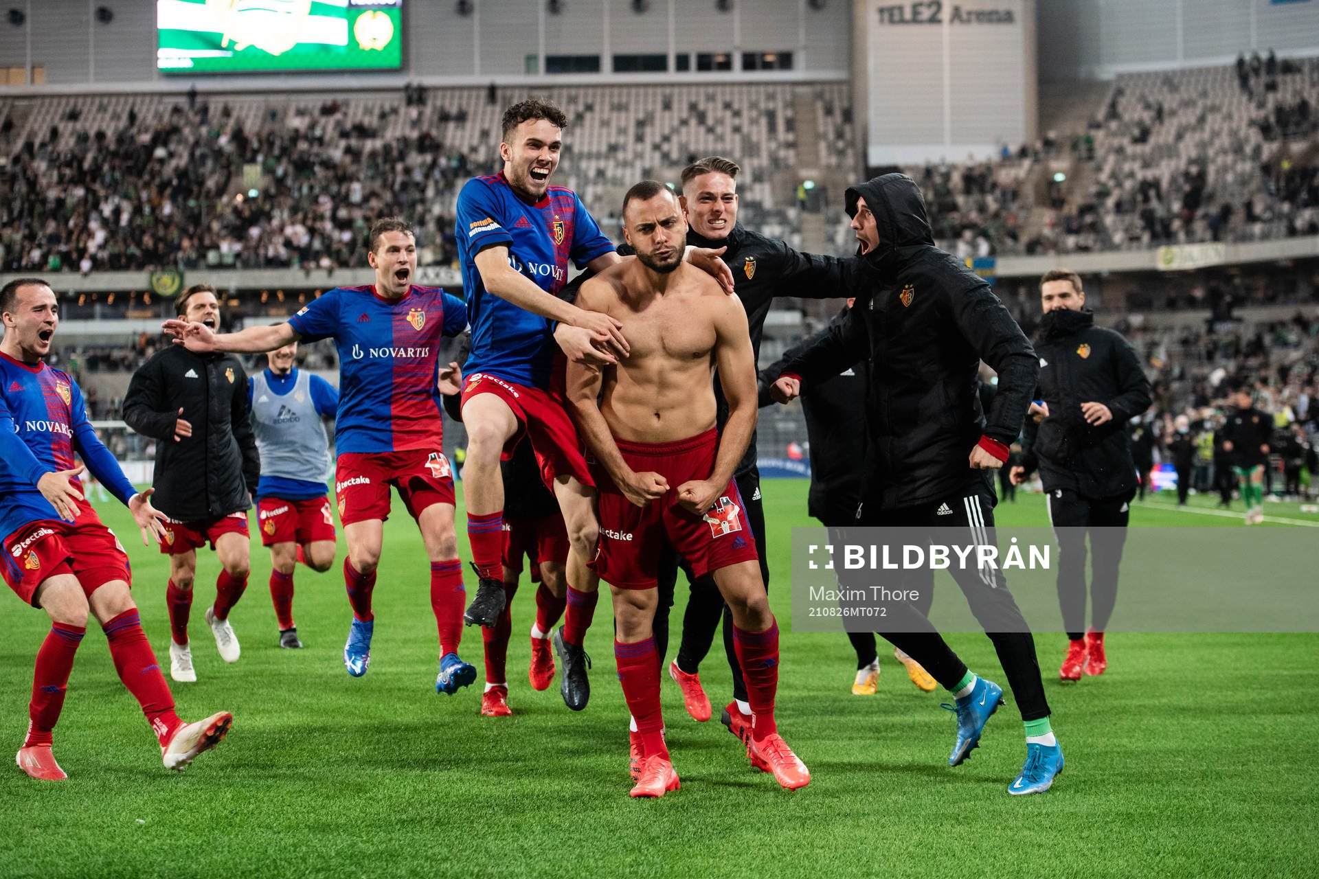 Arthur Mendonca Cabral of Basel celebrates during the UEFA Conference League football match between Hammarby and Basel on August 26, 2021 in Stockholm.