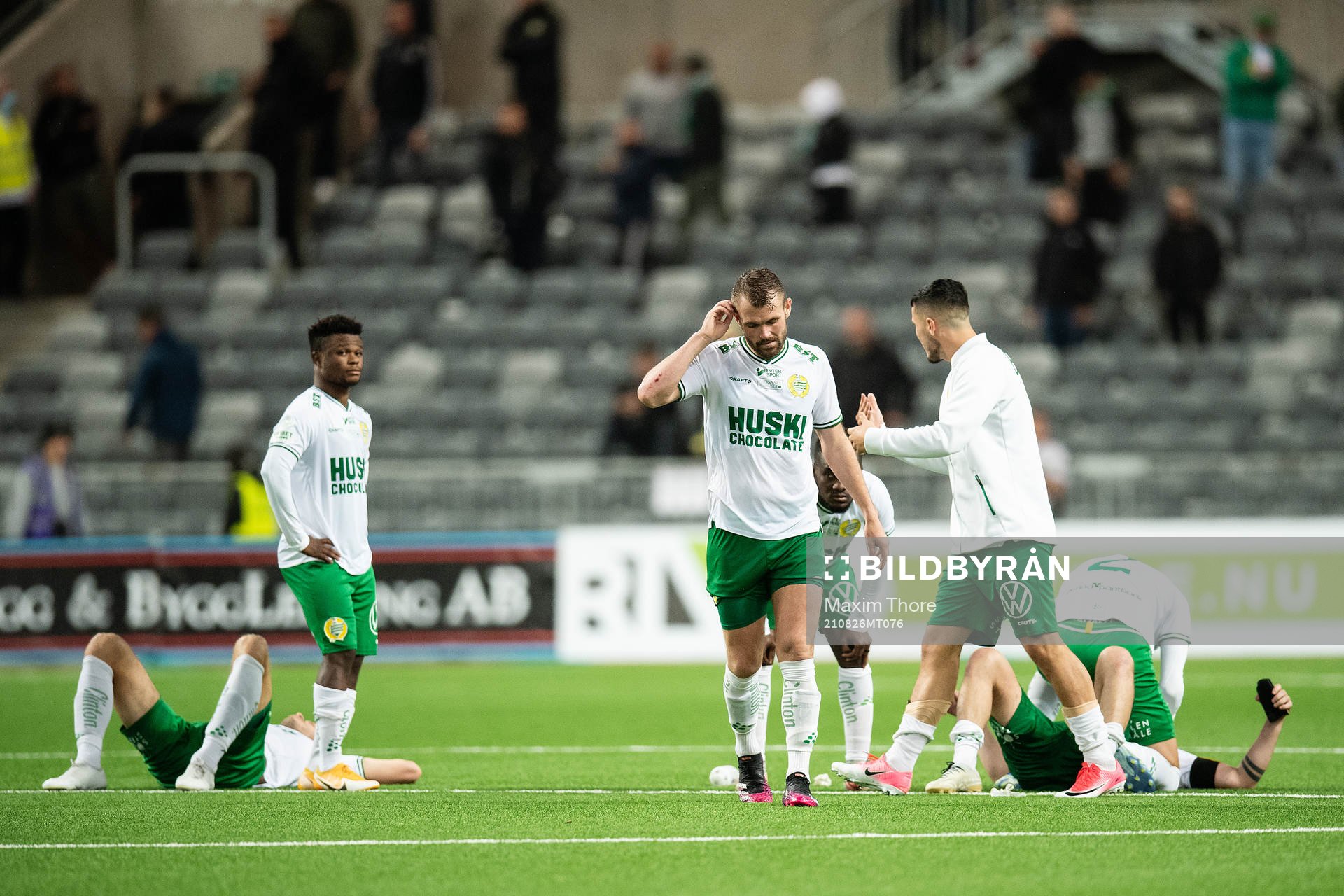 Players of Hammarby looks dejected after the UEFA Conference League football match between Hammarby and Basel on August 26, 2021 in Stockholm.